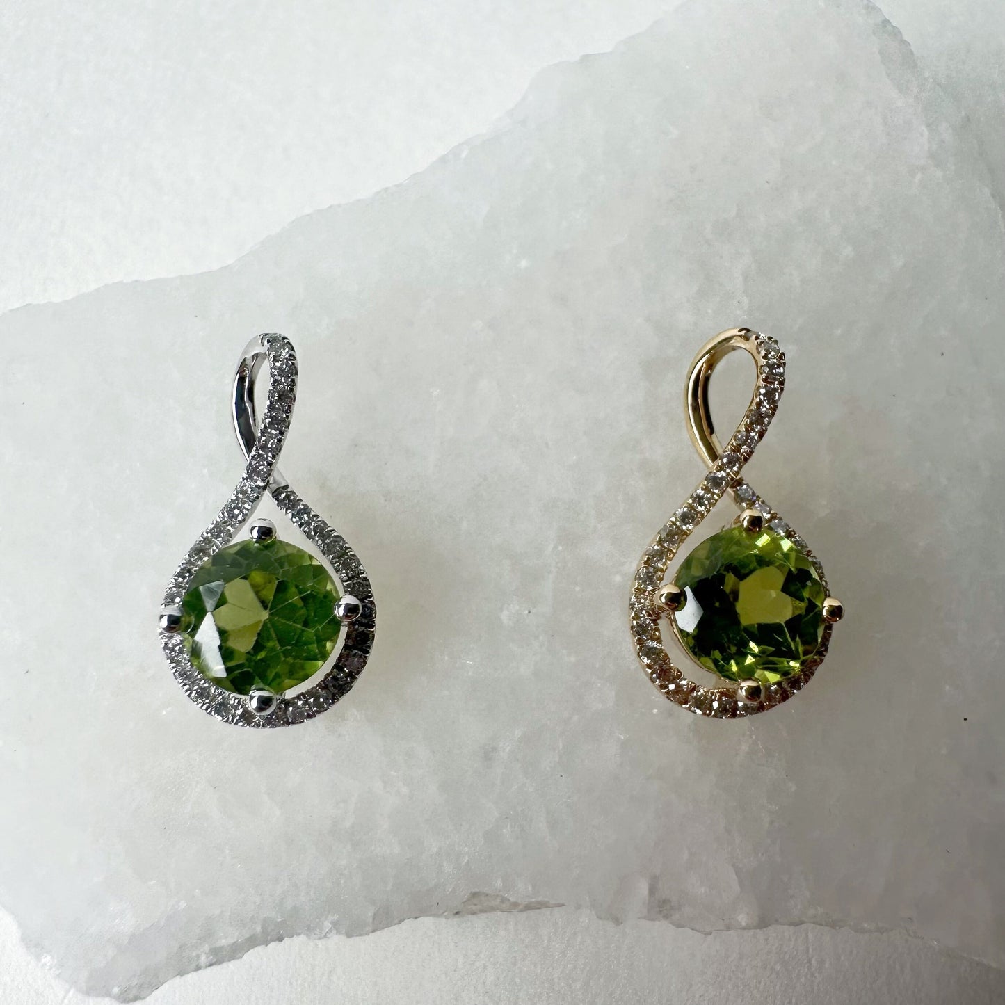 14K Solid Gold Genuine Peridot and Diamond Twist Pendant/August Birthstone