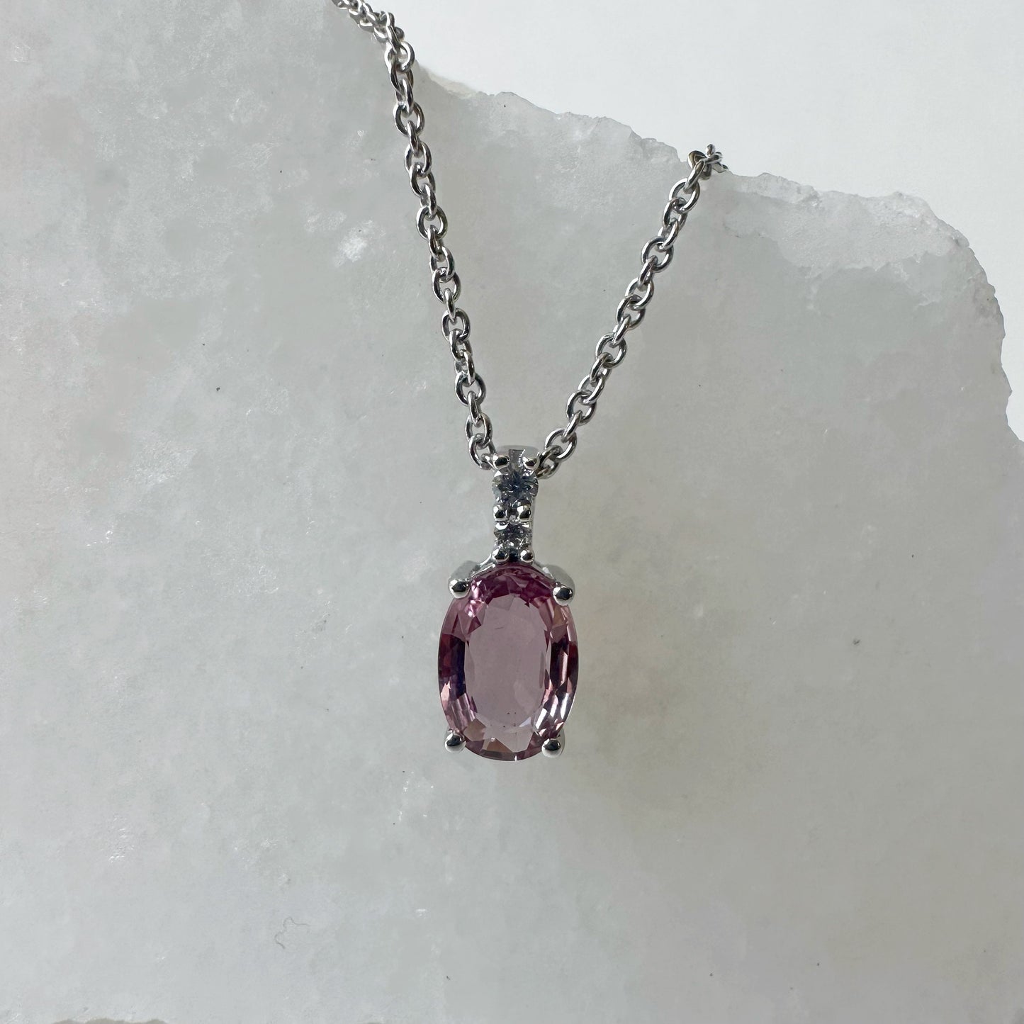 18K Solid White Gold Diamond and Oval Pink Sapphire Pendant (Pendant Only)