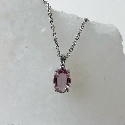 14K Solid Gold Diamond and Oval Pink Sapphire Pendant