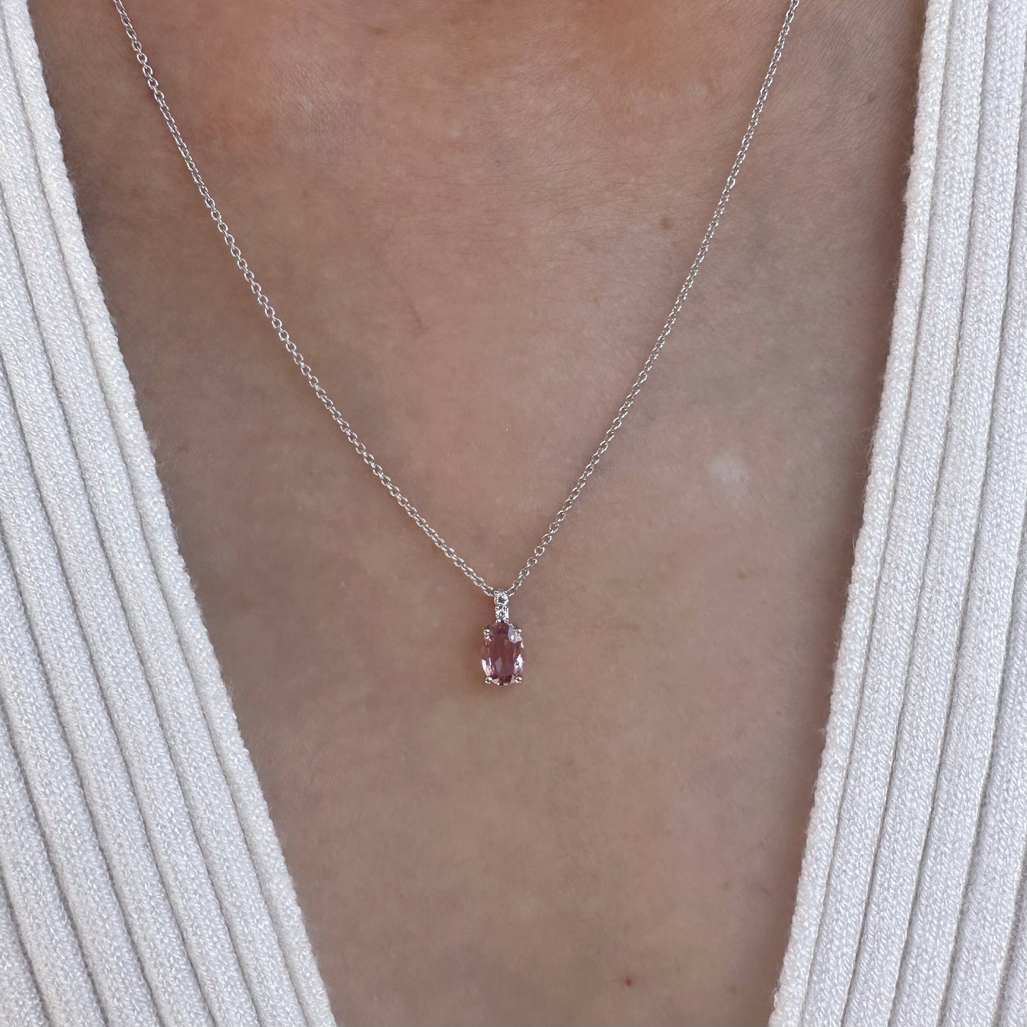 18K Solid White Gold Diamond and Oval Pink Sapphire Pendant (Pendant Only)