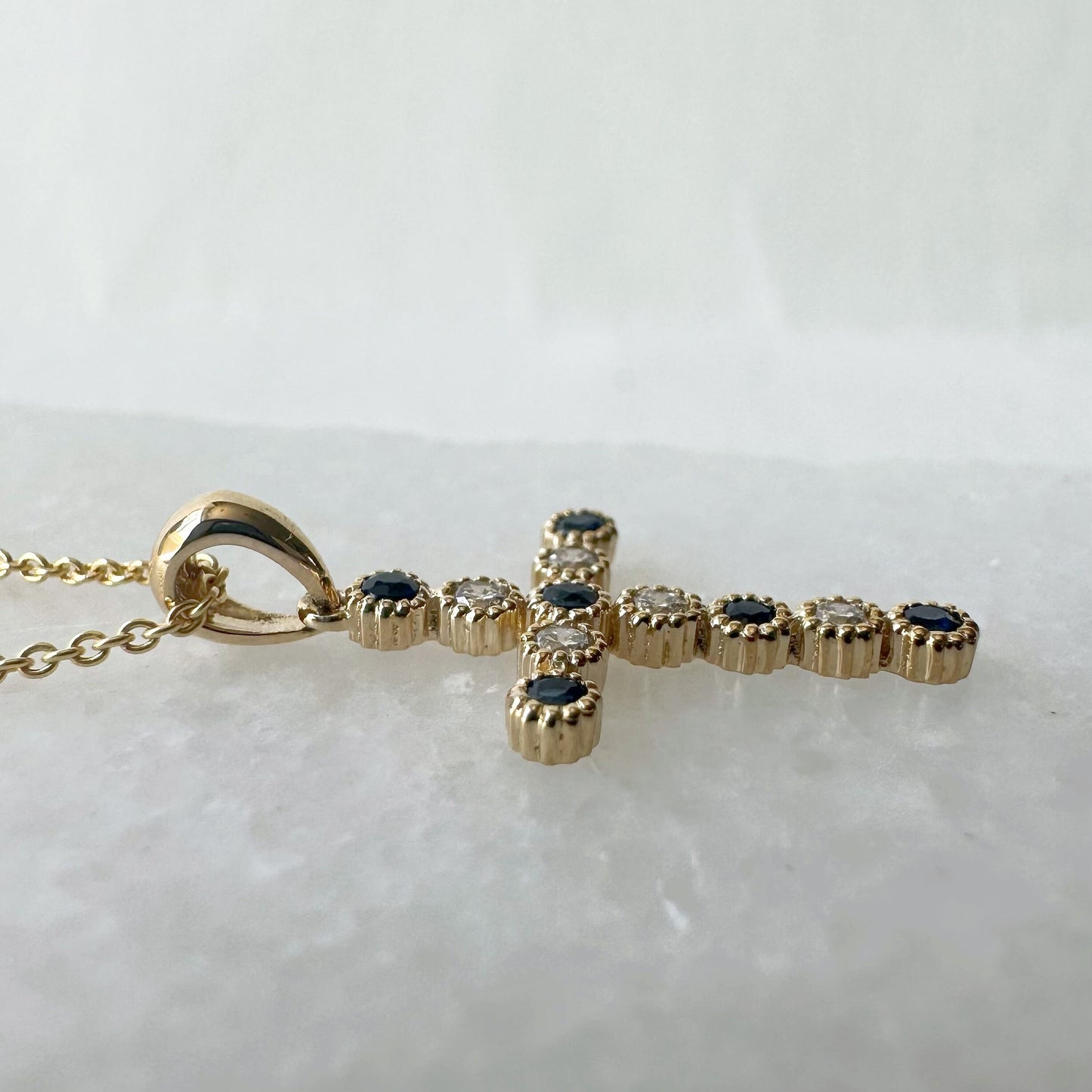 14K Solid Gold Genuine Sapphire and Diamond Bezel Cross Pendant