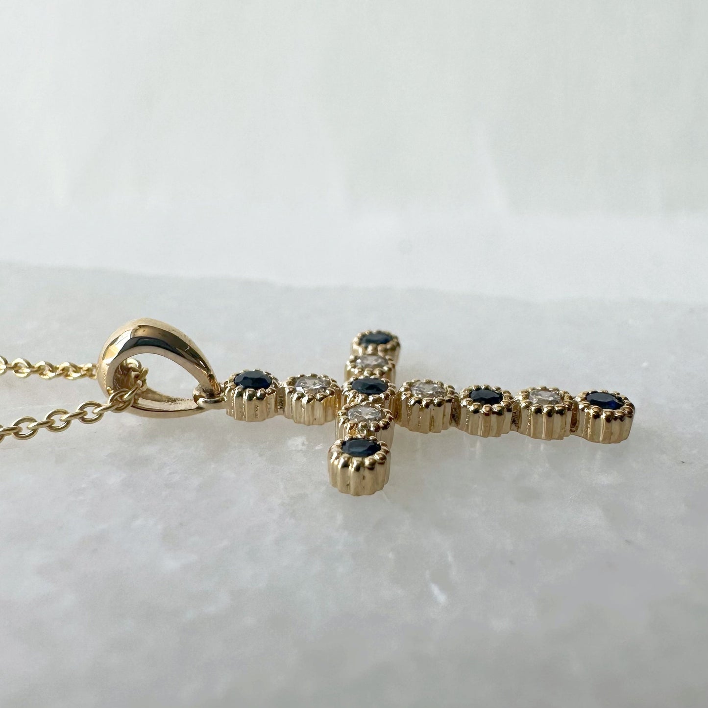 14K Solid Gold Genuine Sapphire and Diamond Bezel Cross Pendant