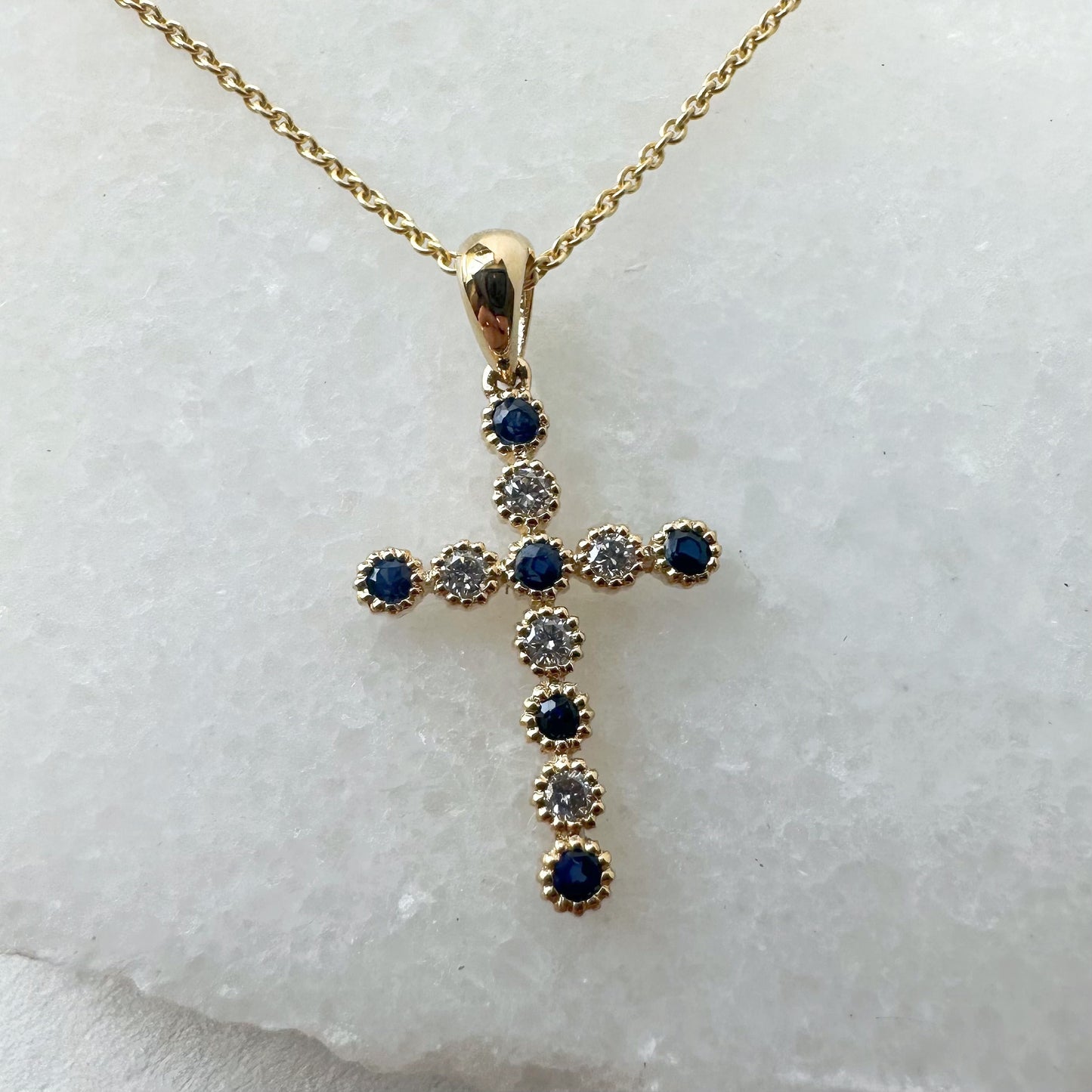 14K Solid Gold Genuine Sapphire and Diamond Bezel Cross Pendant