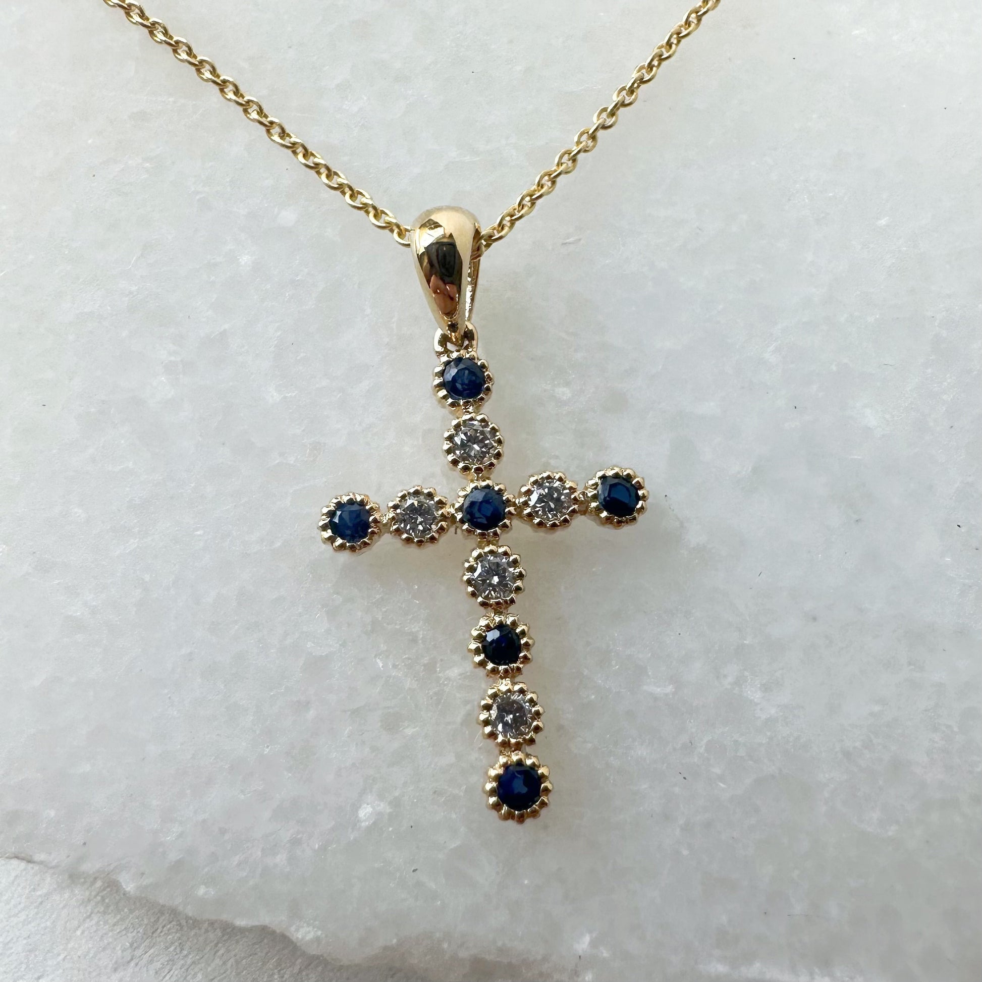 14K Solid Gold Genuine Sapphire and Diamond Bezel Cross Pendant