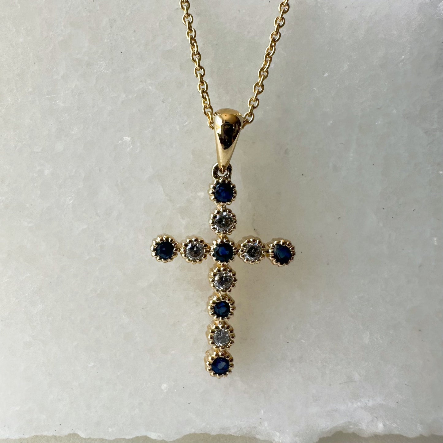 14K Solid Gold Genuine Sapphire and Diamond Bezel Cross Pendant