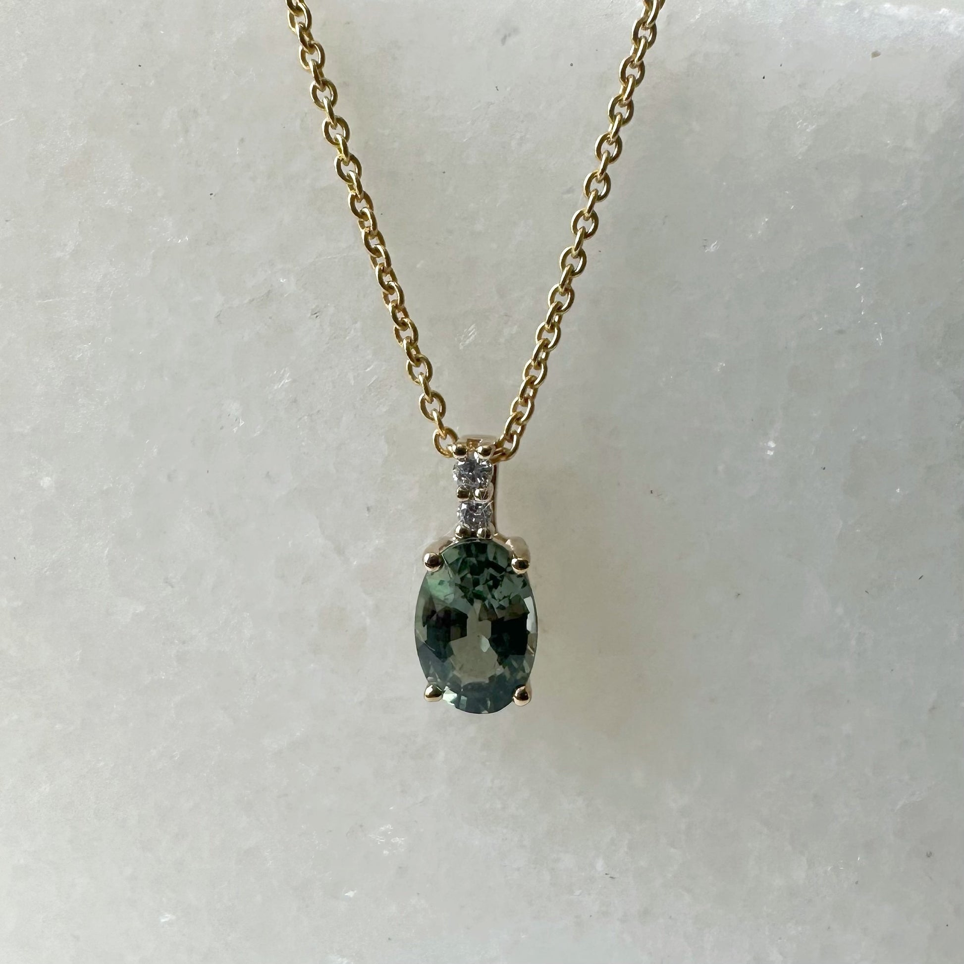 14K Solid Gold Diamond and Oval Green Sapphire Pendant
