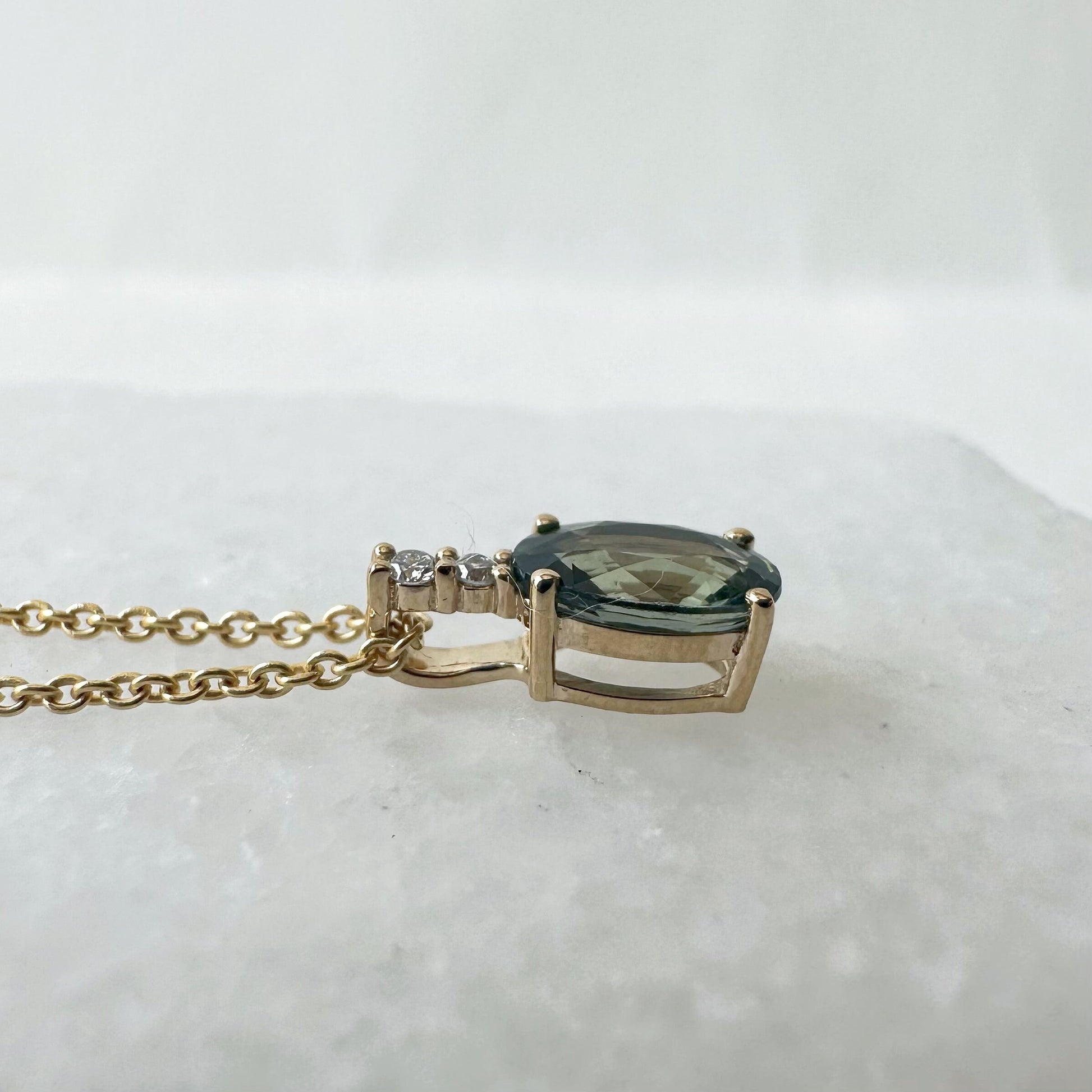 14K Solid Gold Diamond and Oval Green Sapphire Pendant