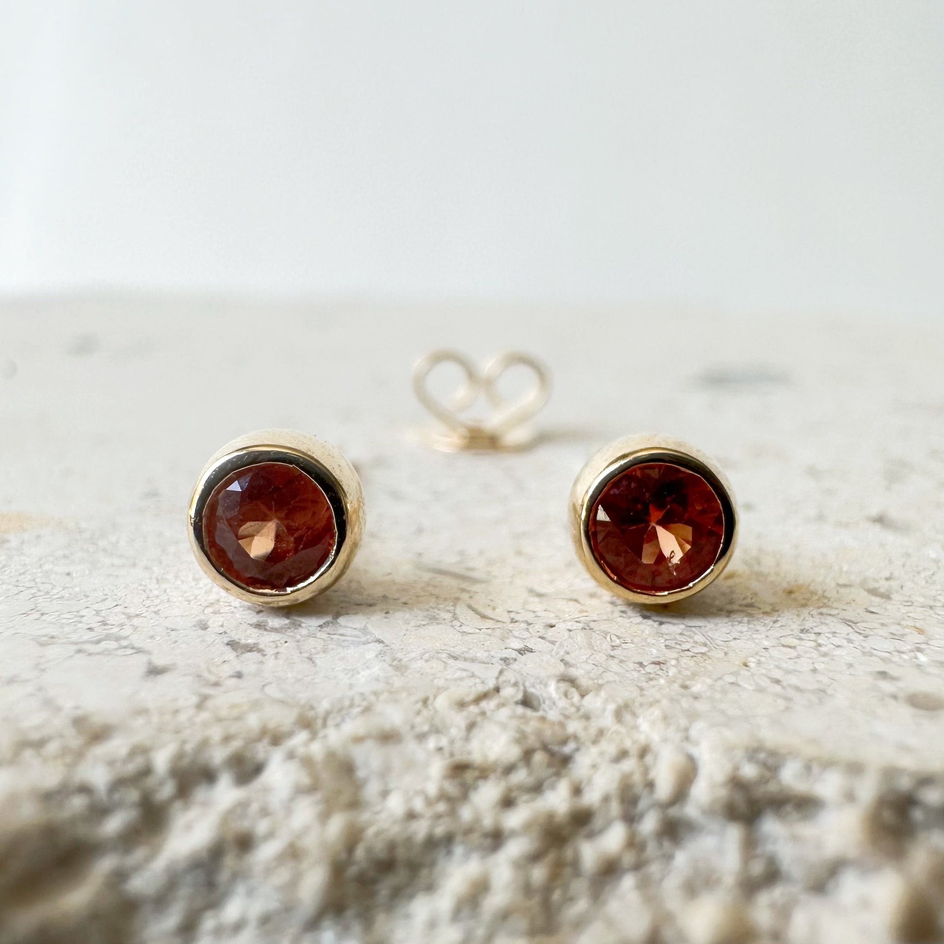 14K Solid Gold Genuine Round Orange Sapphire Bezel Studs/Pair