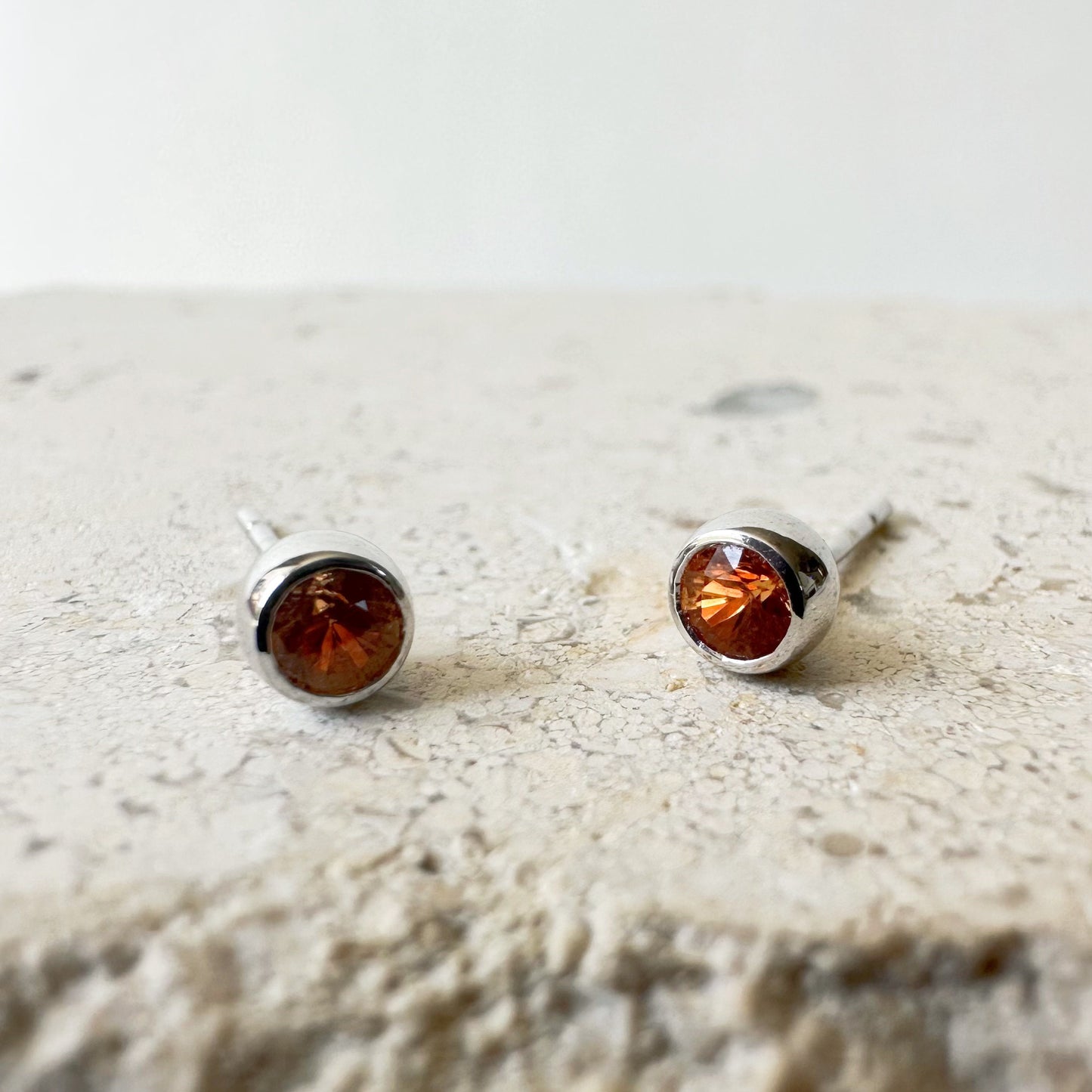 14K Solid Gold Genuine Round Orange Sapphire Bezel Studs/Pair