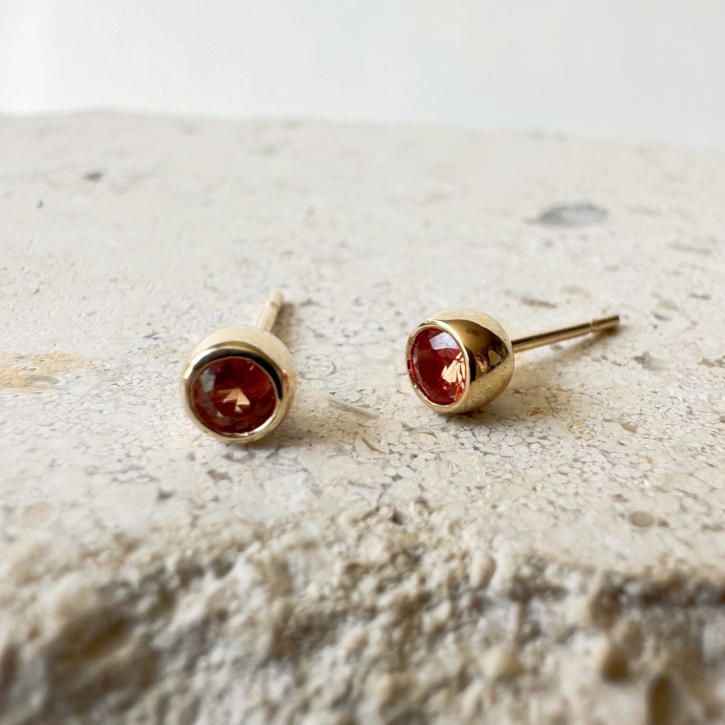 14K Solid Gold Genuine Round Orange Sapphire Bezel Studs/Pair