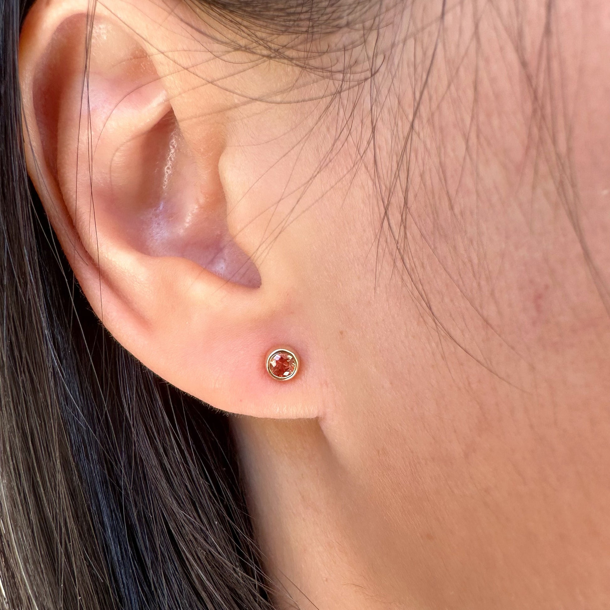 14K Solid Gold Genuine Round Orange Sapphire Bezel Studs/Pair