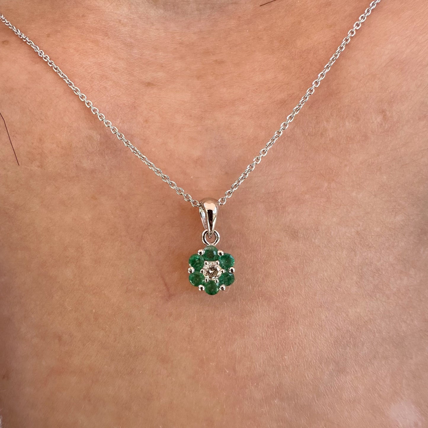 14K Solid Gold Genuine Emerald and Diamond Flower Pendant