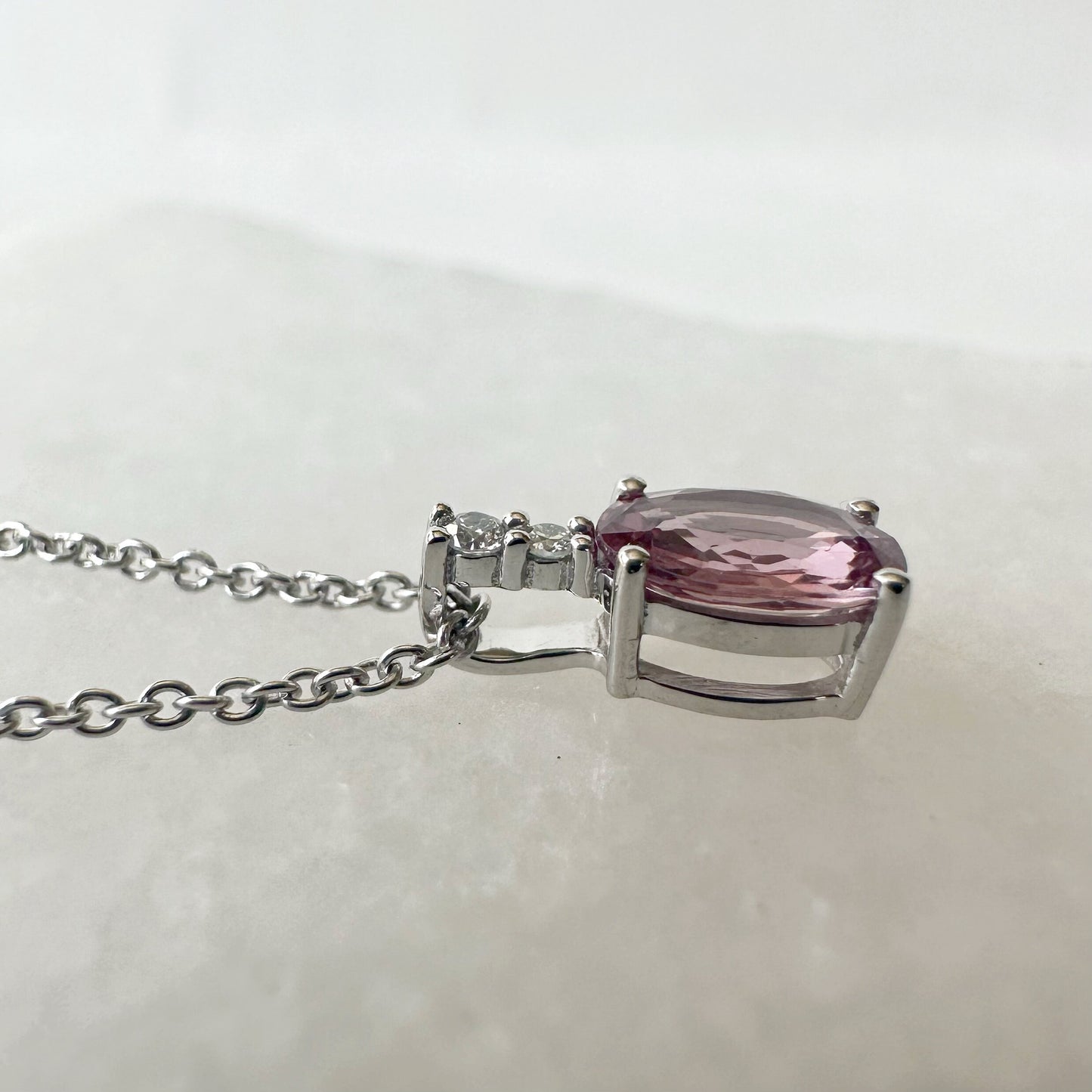 18K Solid White Gold Diamond and Oval Pink Sapphire Pendant (Pendant Only)