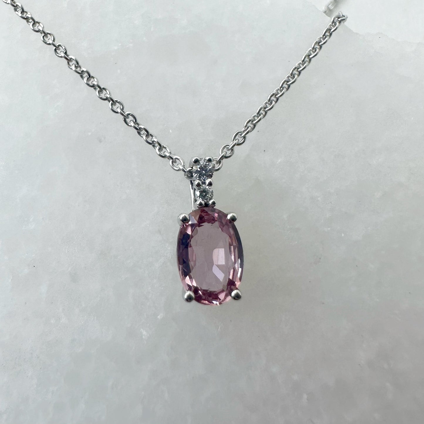 18K Solid White Gold Diamond and Oval Pink Sapphire Pendant (Pendant Only)