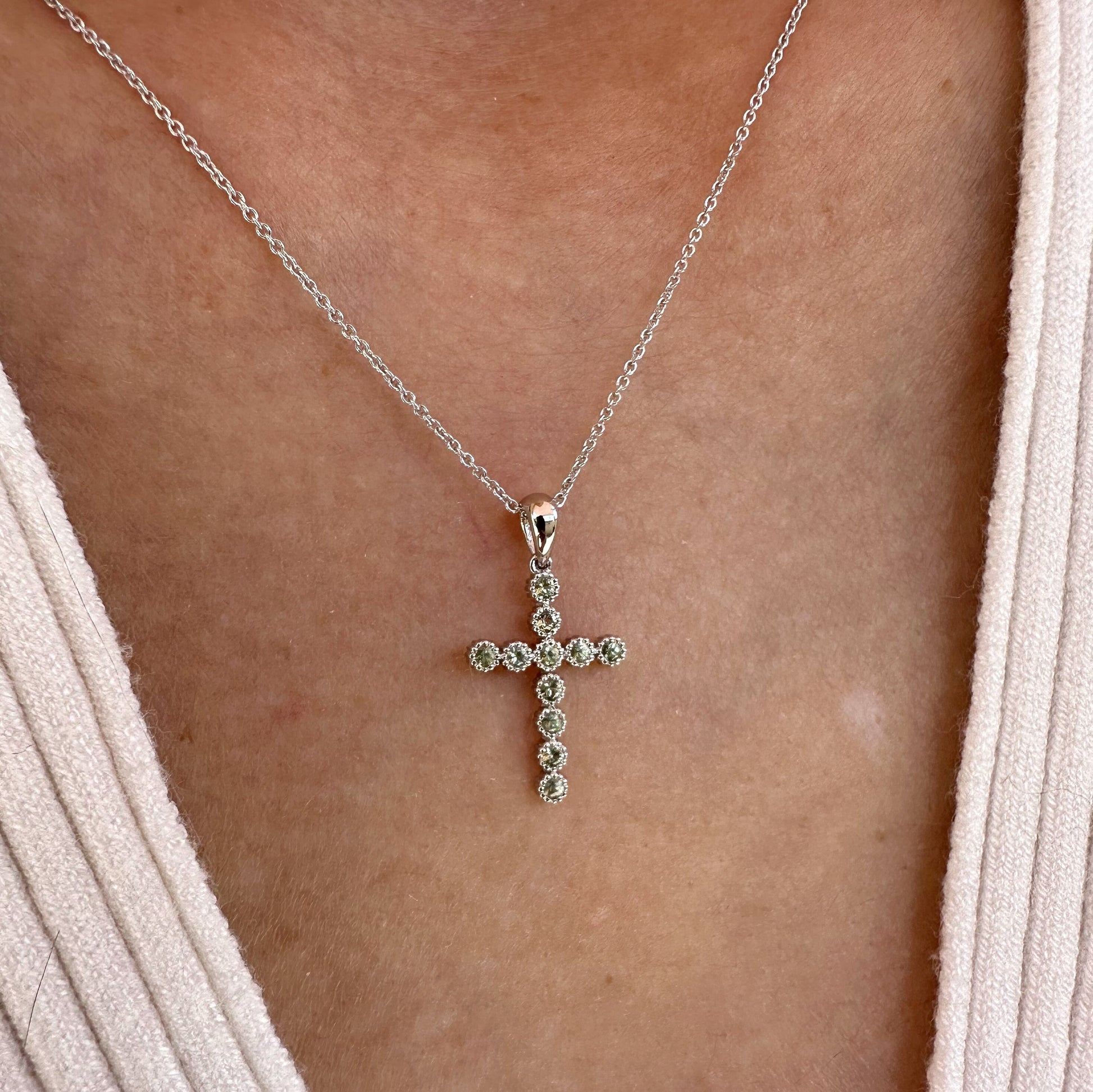 14K Solid Gold Genuine Green Sapphire Cross Pendant