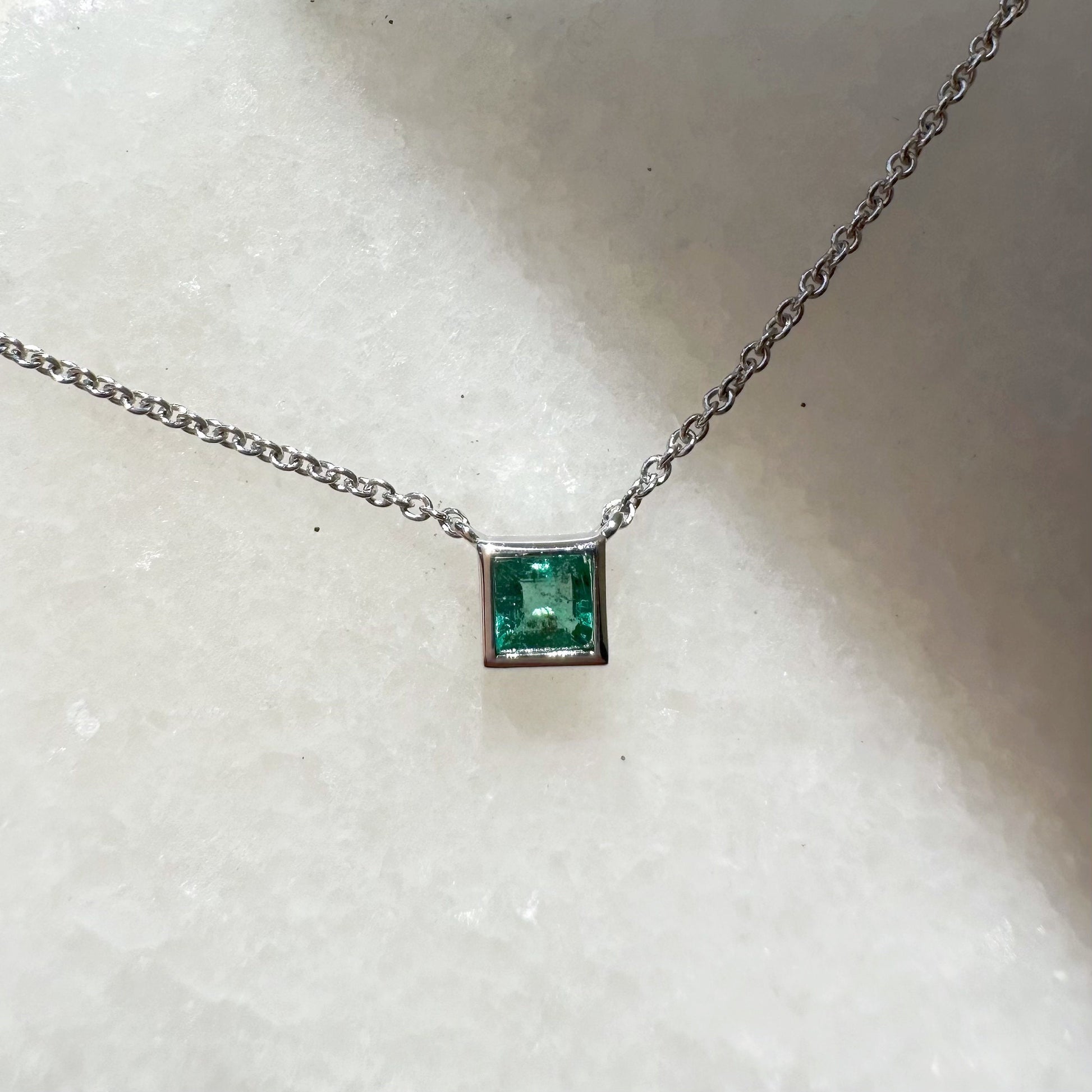 14K Solid Gold Genuine Emerald Square Necklace
