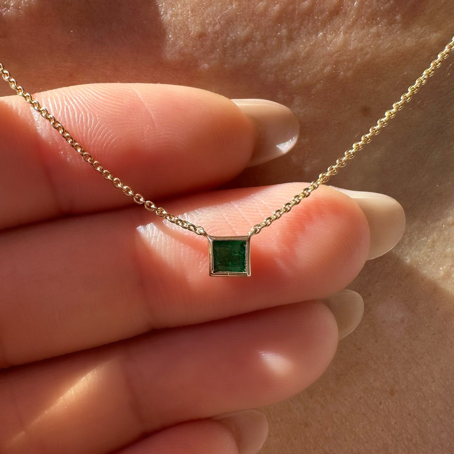 14K Solid Gold Genuine Emerald Square Necklace