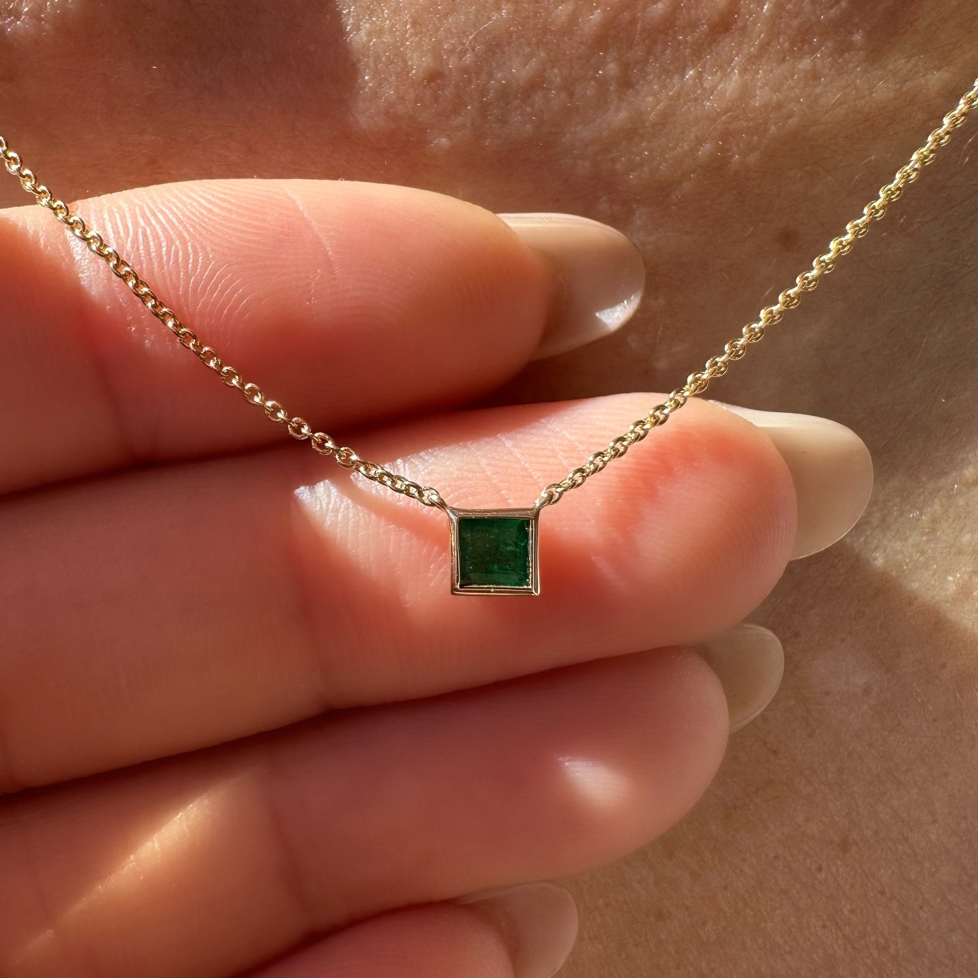 14K Solid Gold Genuine Emerald Square Necklace