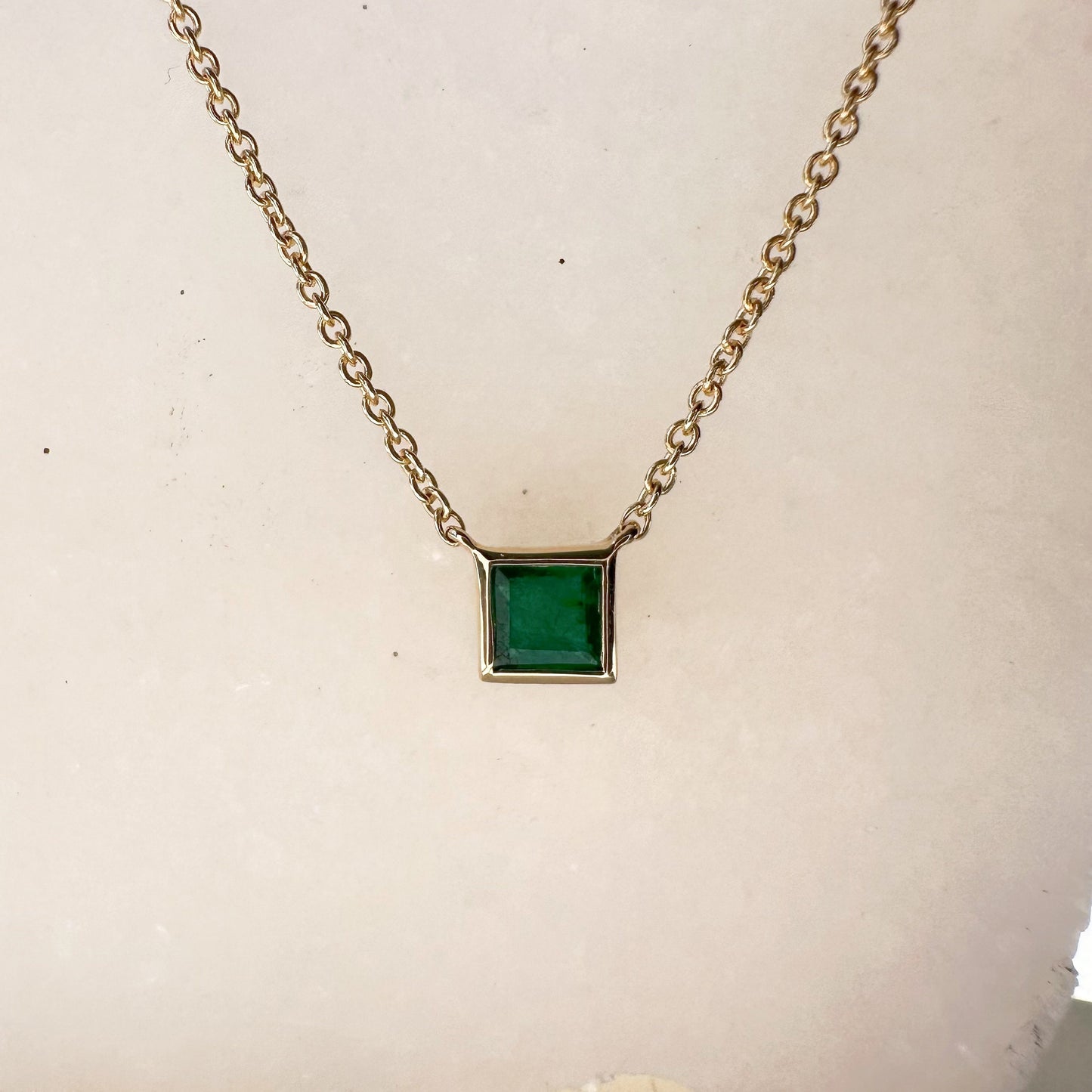 14K Solid Gold Genuine Emerald Square Necklace