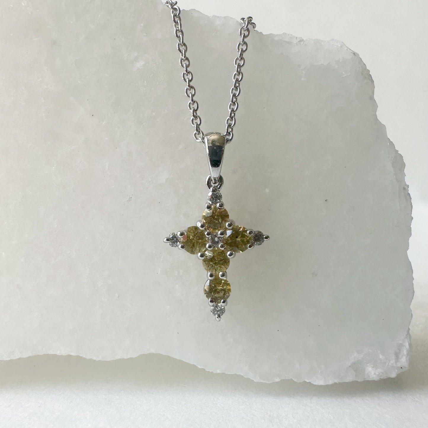 18K Solid White Gold Genuine Yellow Sapphire and Diamond Dainty Cross Pendant