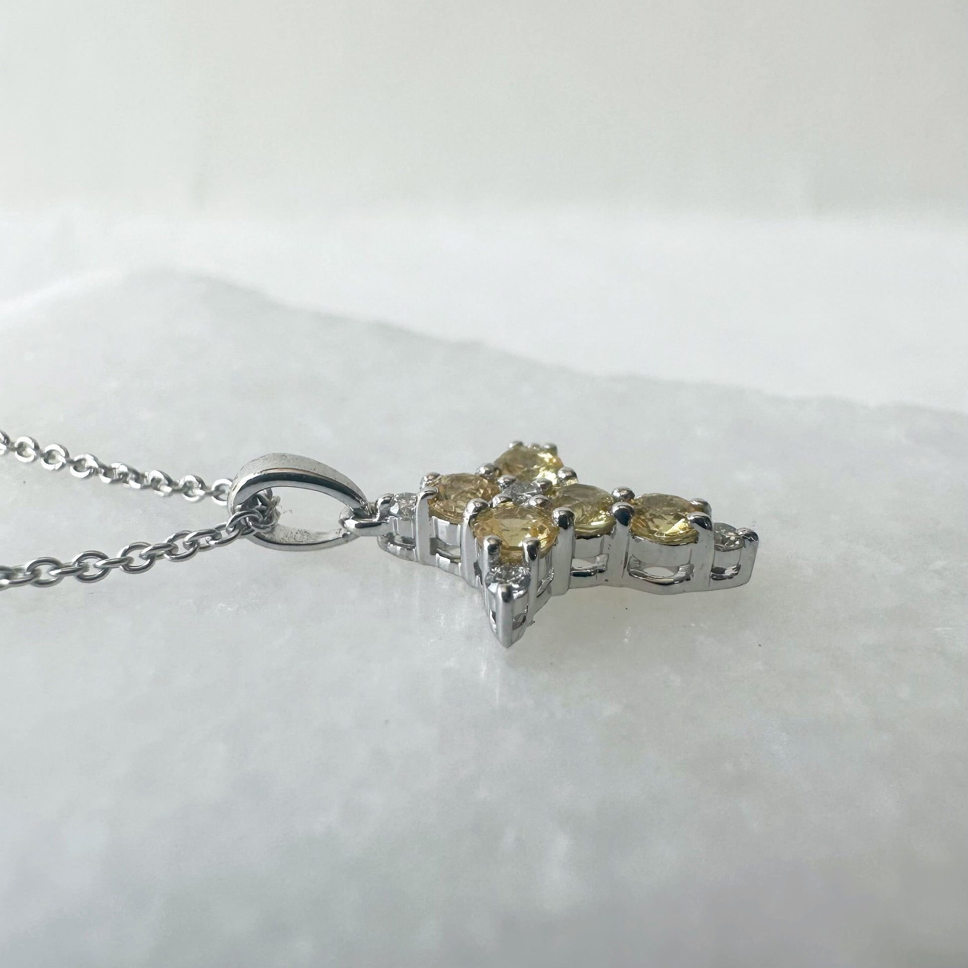 18K Solid White Gold Genuine Yellow Sapphire and Diamond Dainty Cross Pendant (pendant only)