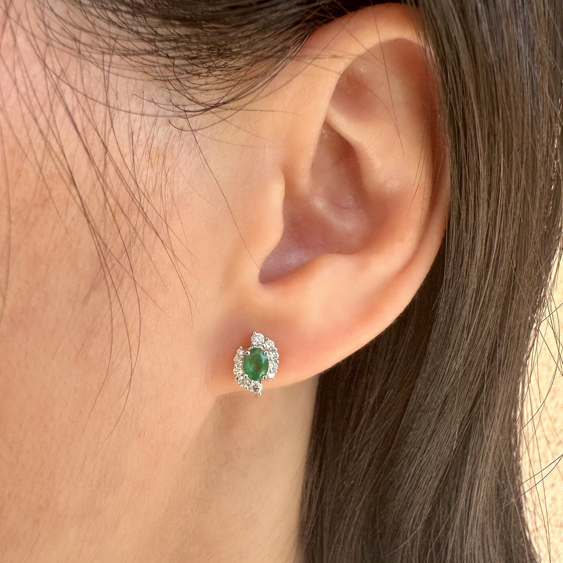 14K Solid White Gold Genuine Emerald and Diamond Swirl Studs/Pair
