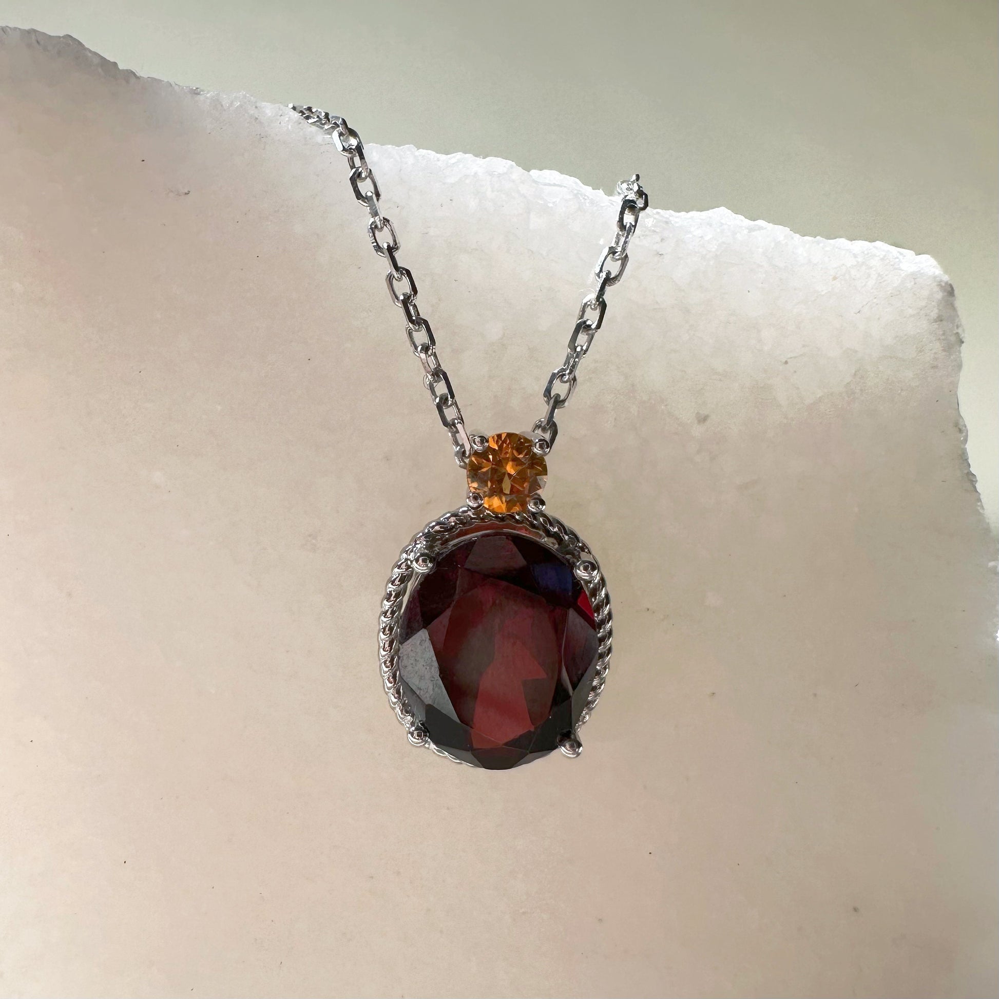 18K Solid Gold Genuine Garnet and Orange Sapphire Necklace