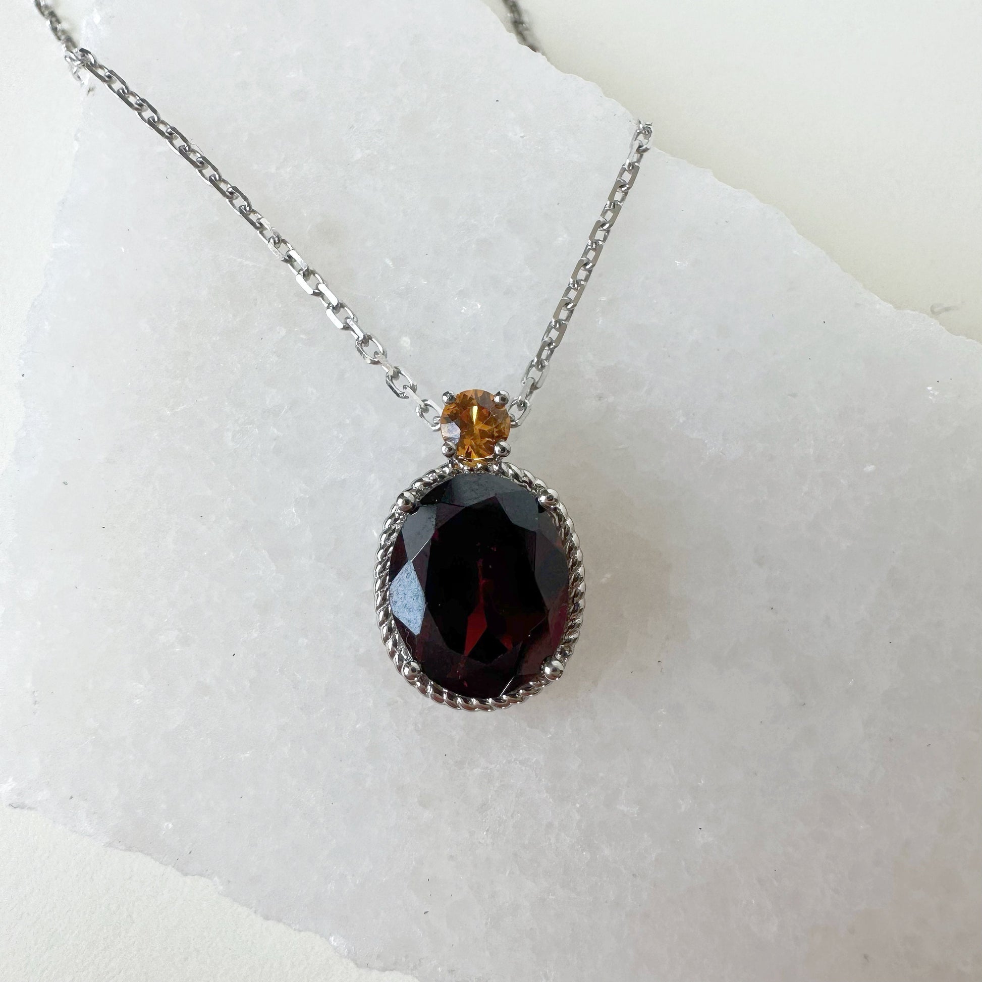 18K Solid Gold Genuine Garnet and Orange Sapphire Necklace