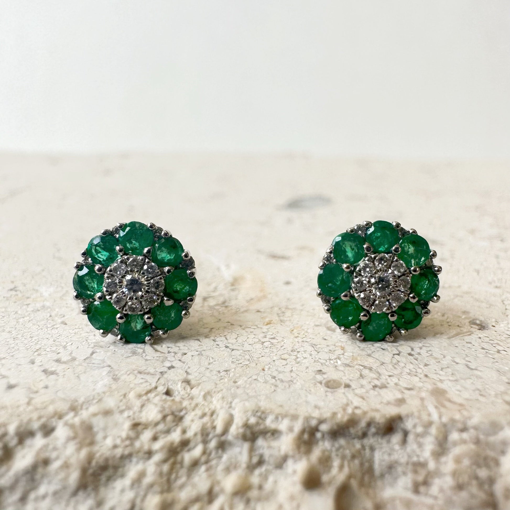 18K Solid White Gold Genuine Emerald and Pave Diamond Flower Studs/Pair