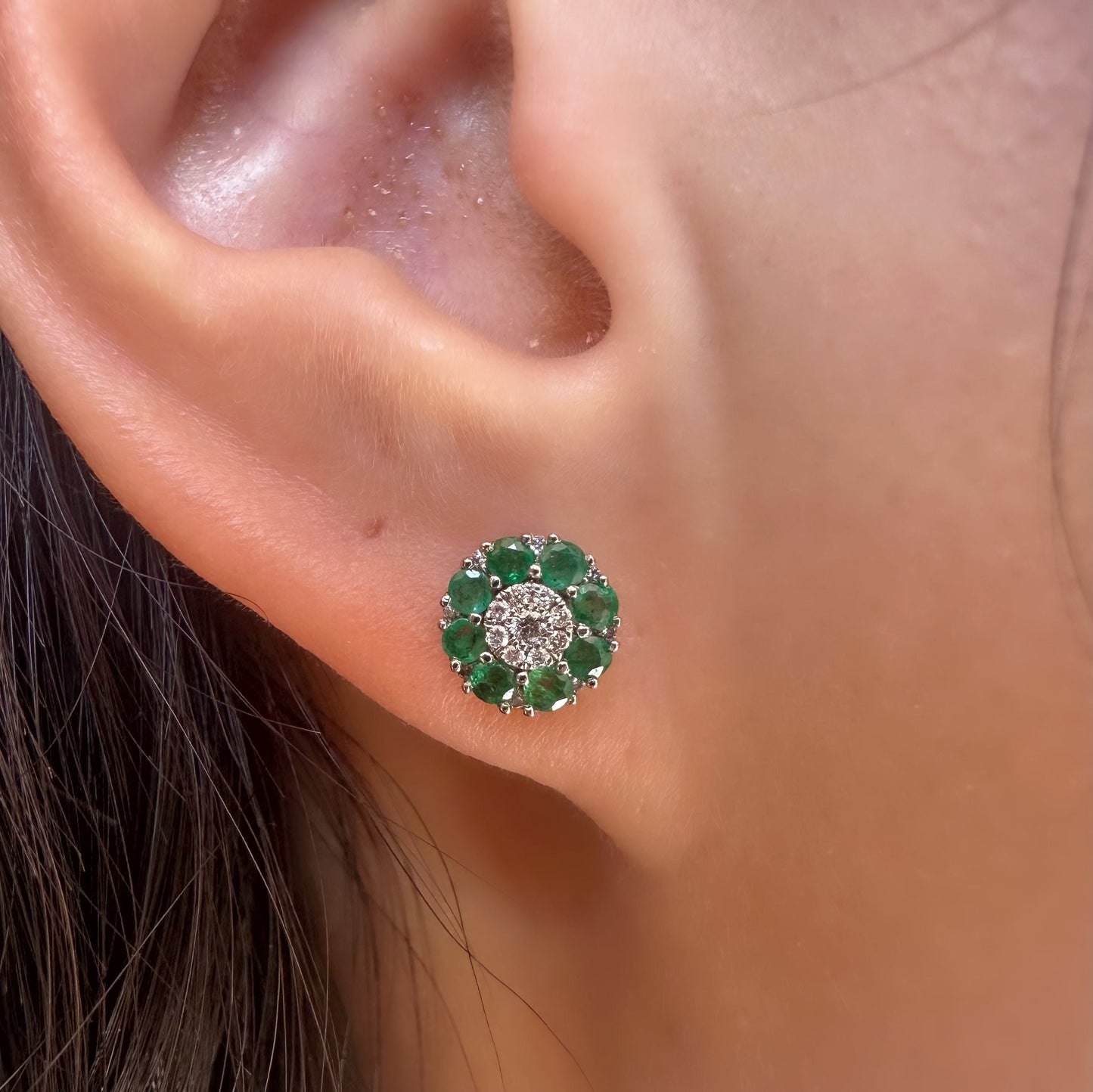 18K Solid White Gold Genuine Emerald and Pave Diamond Flower Studs/Pair