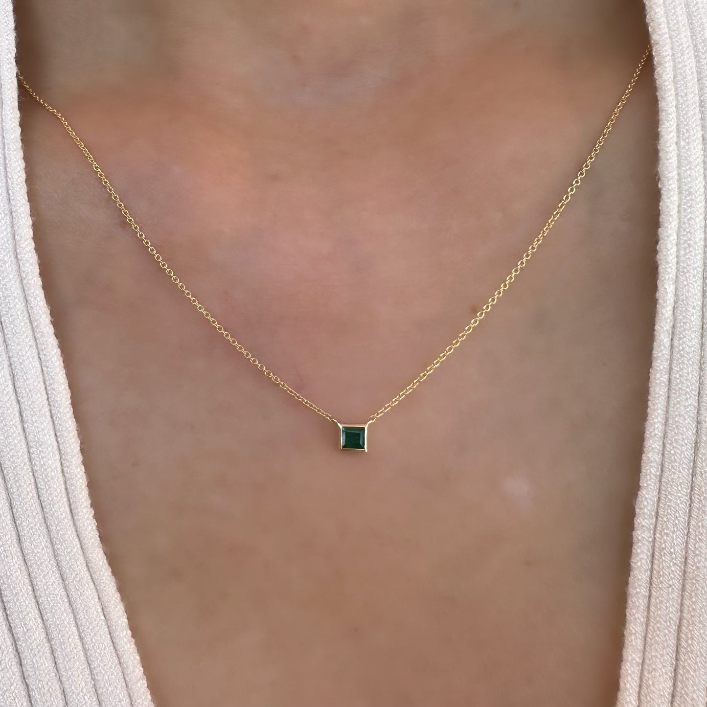 14K Solid Gold Genuine Emerald Square Necklace