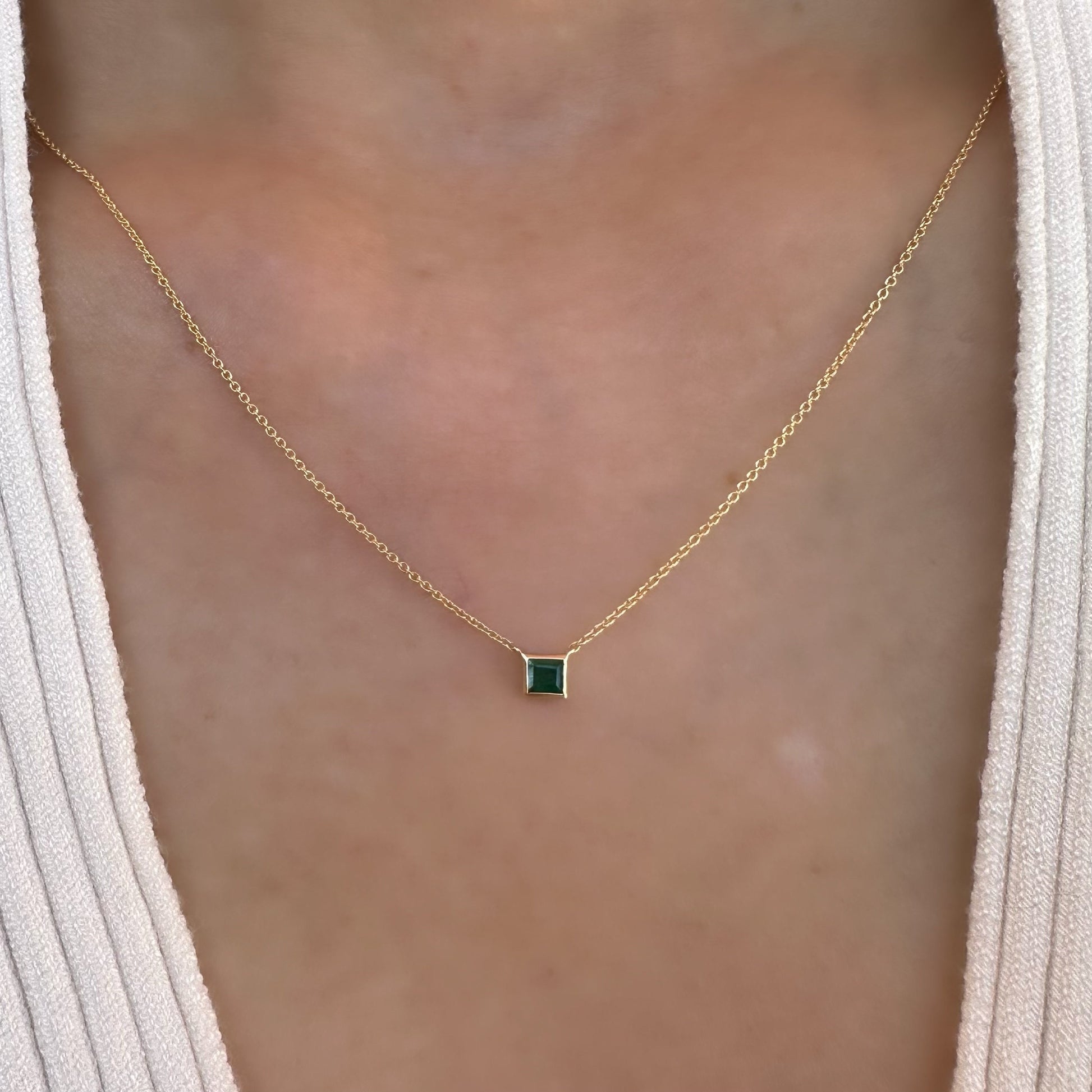 14K Solid Gold Genuine Emerald Square Necklace