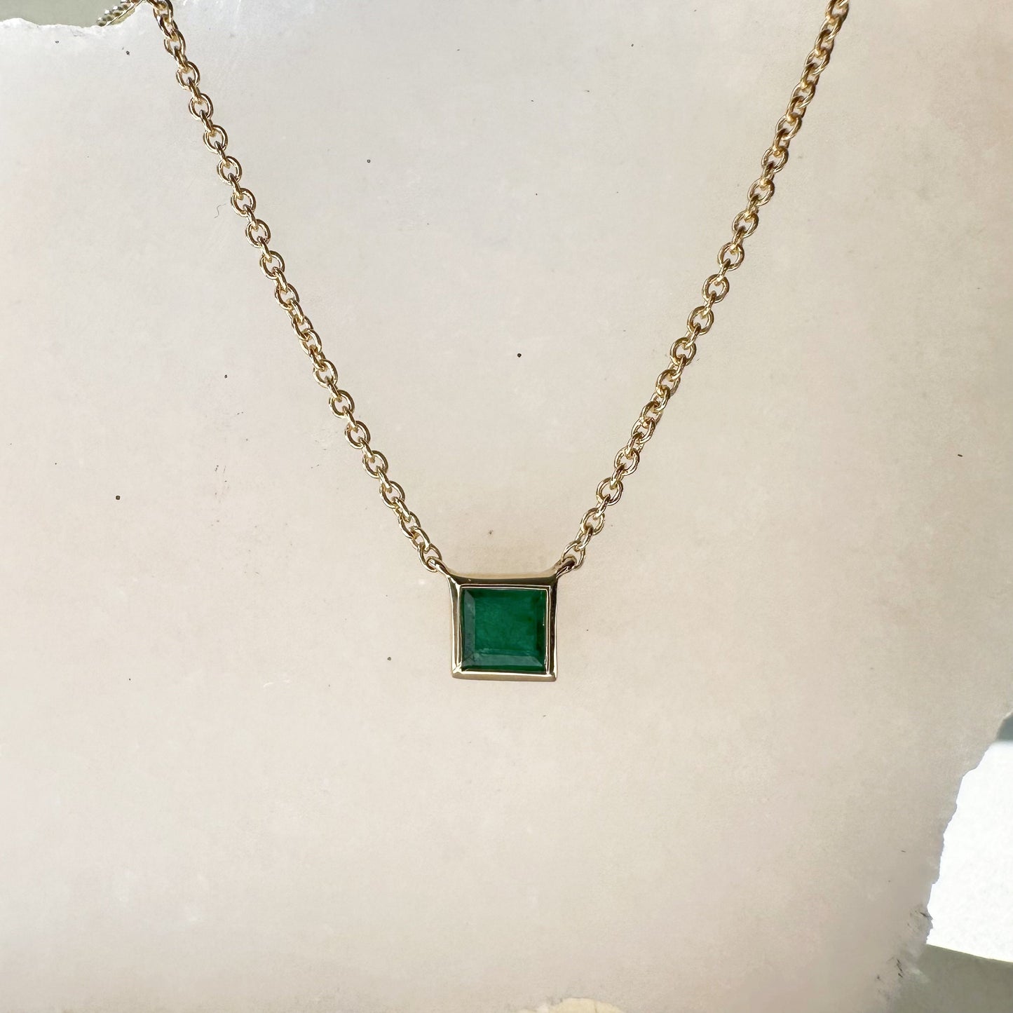 14K Solid Gold Genuine Emerald Square Necklace