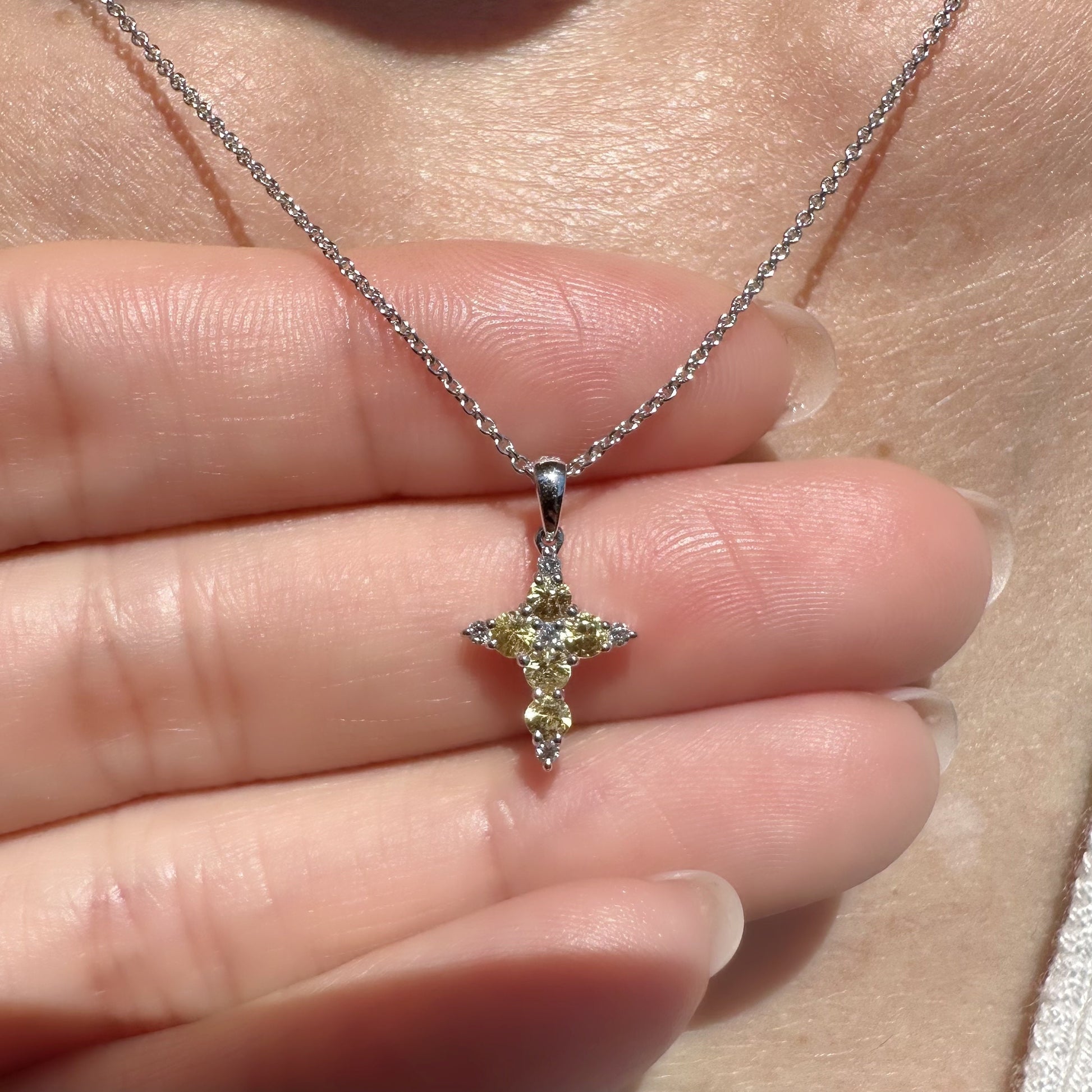 18K Solid White Gold Genuine Yellow Sapphire and Diamond Dainty Cross Pendant (pendant only)