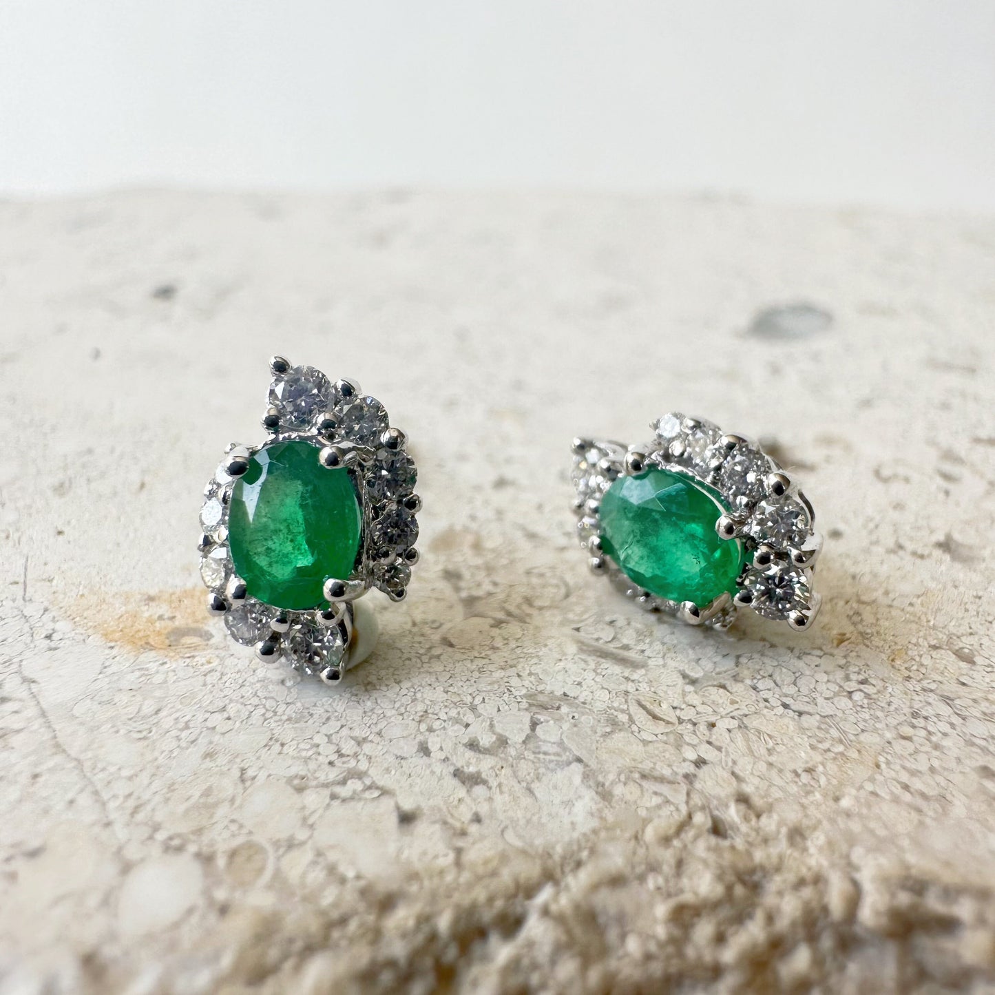 14K Solid White Gold Genuine Emerald and Diamond Swirl Studs/Pair