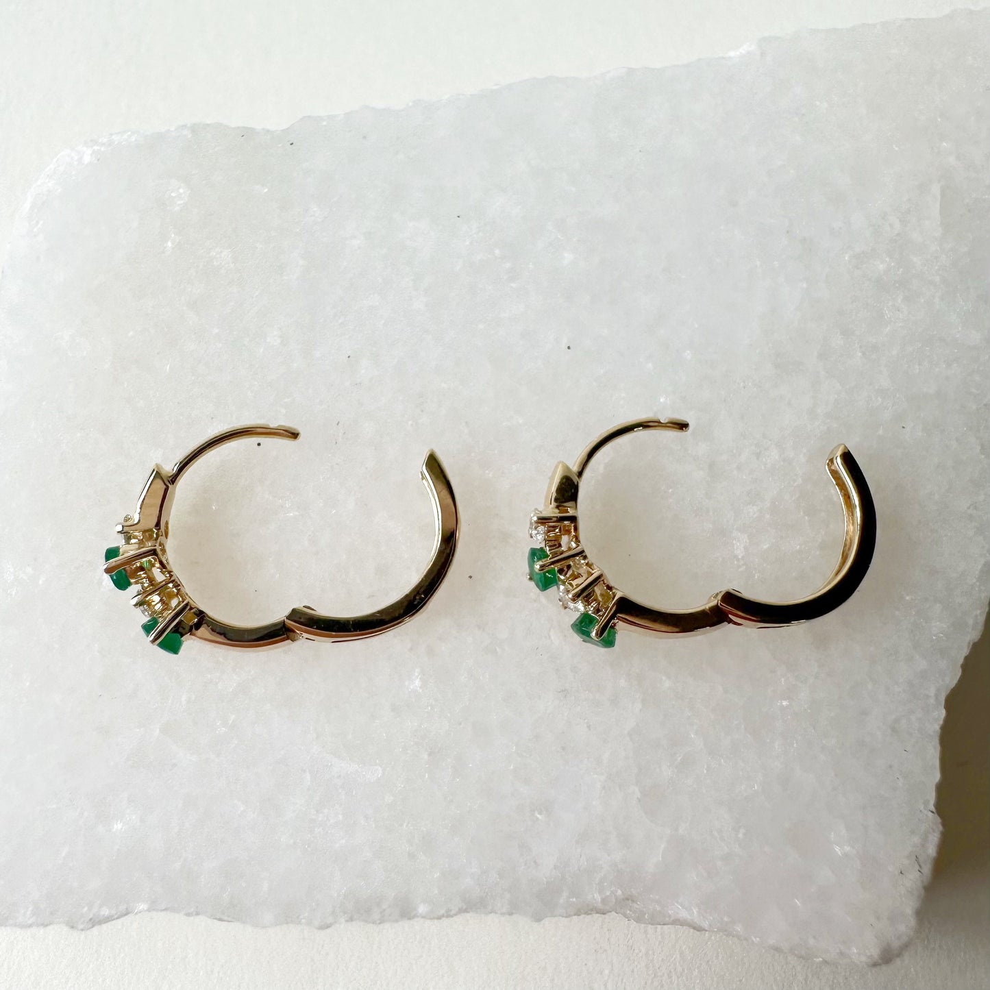 14K Solid Gold Genuine Emerald and Diamond Cluster Huggies/Hoops/Pair