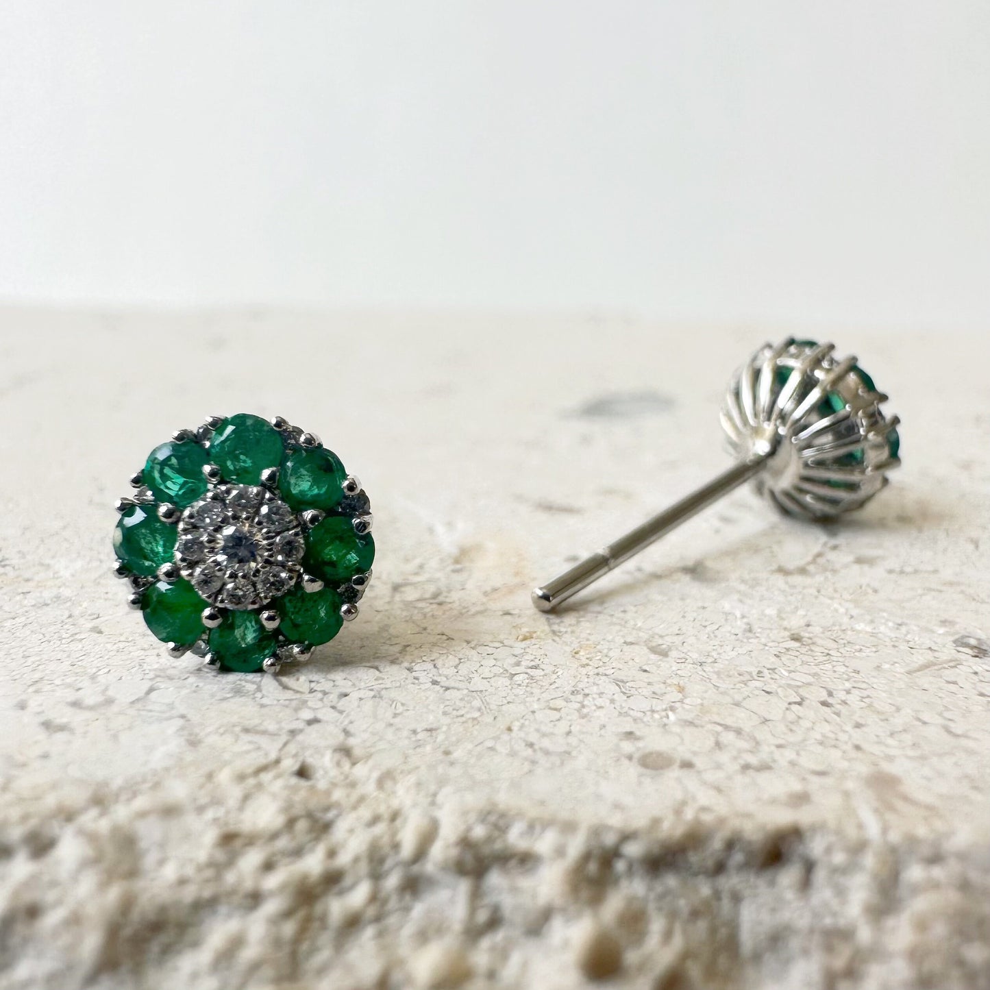 18K Solid White Gold Genuine Emerald and Pave Diamond Flower Studs/Pair