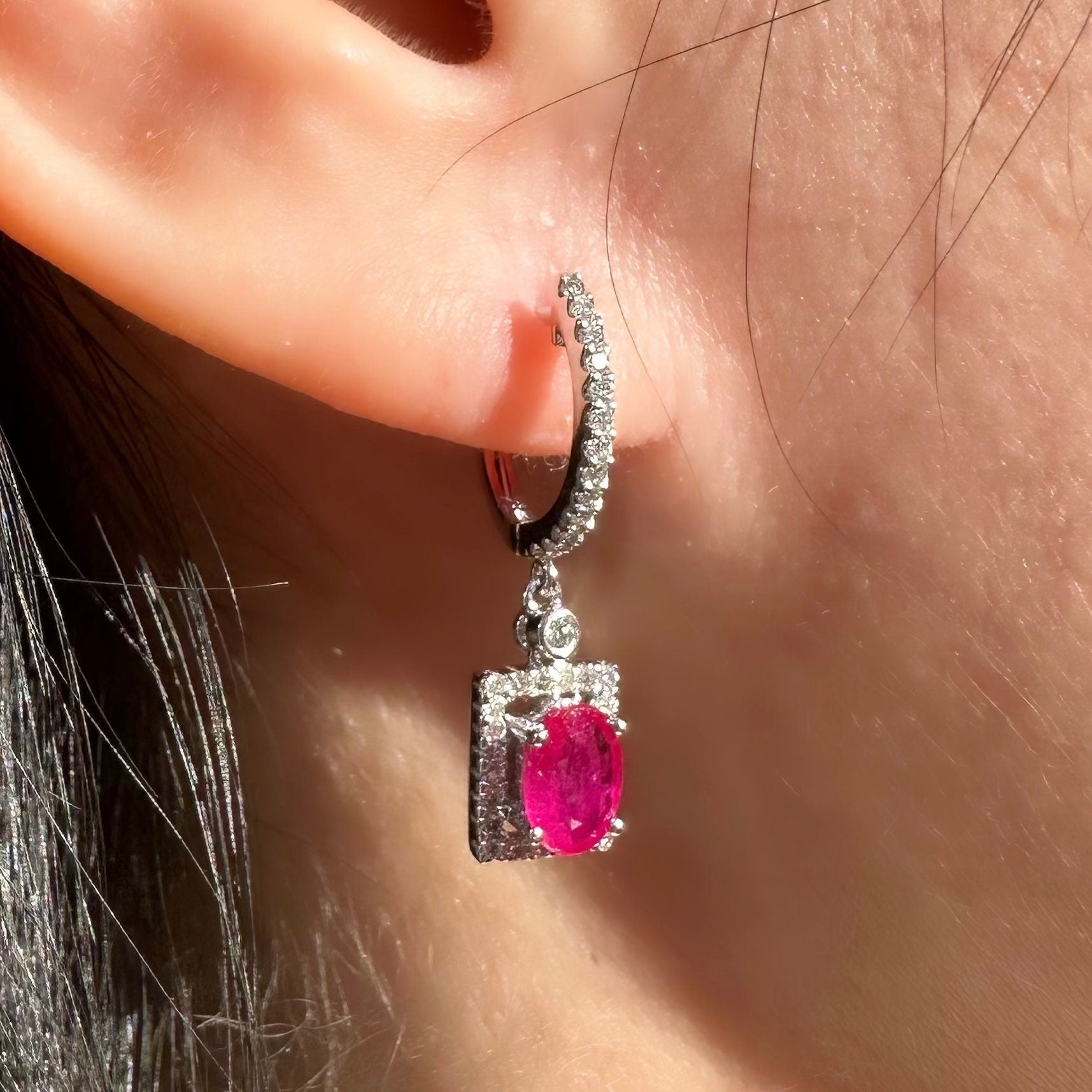 14K Solid White Gold Genuine Diamond and Ruby Square Dangle Earrings/Pair