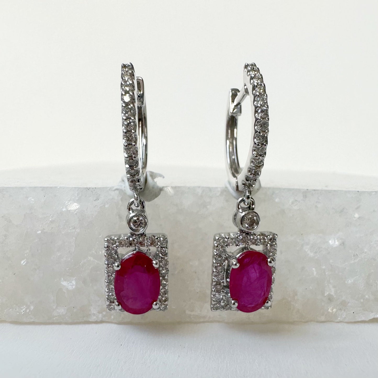 14K Solid White Gold Genuine Diamond and Ruby Square Dangle Earrings/Pair