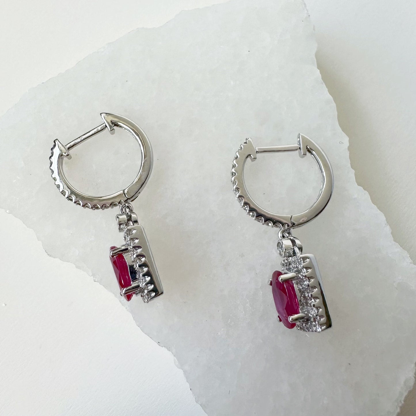 14K Solid White Gold Genuine Diamond and Ruby Square Dangle Earrings/Pair