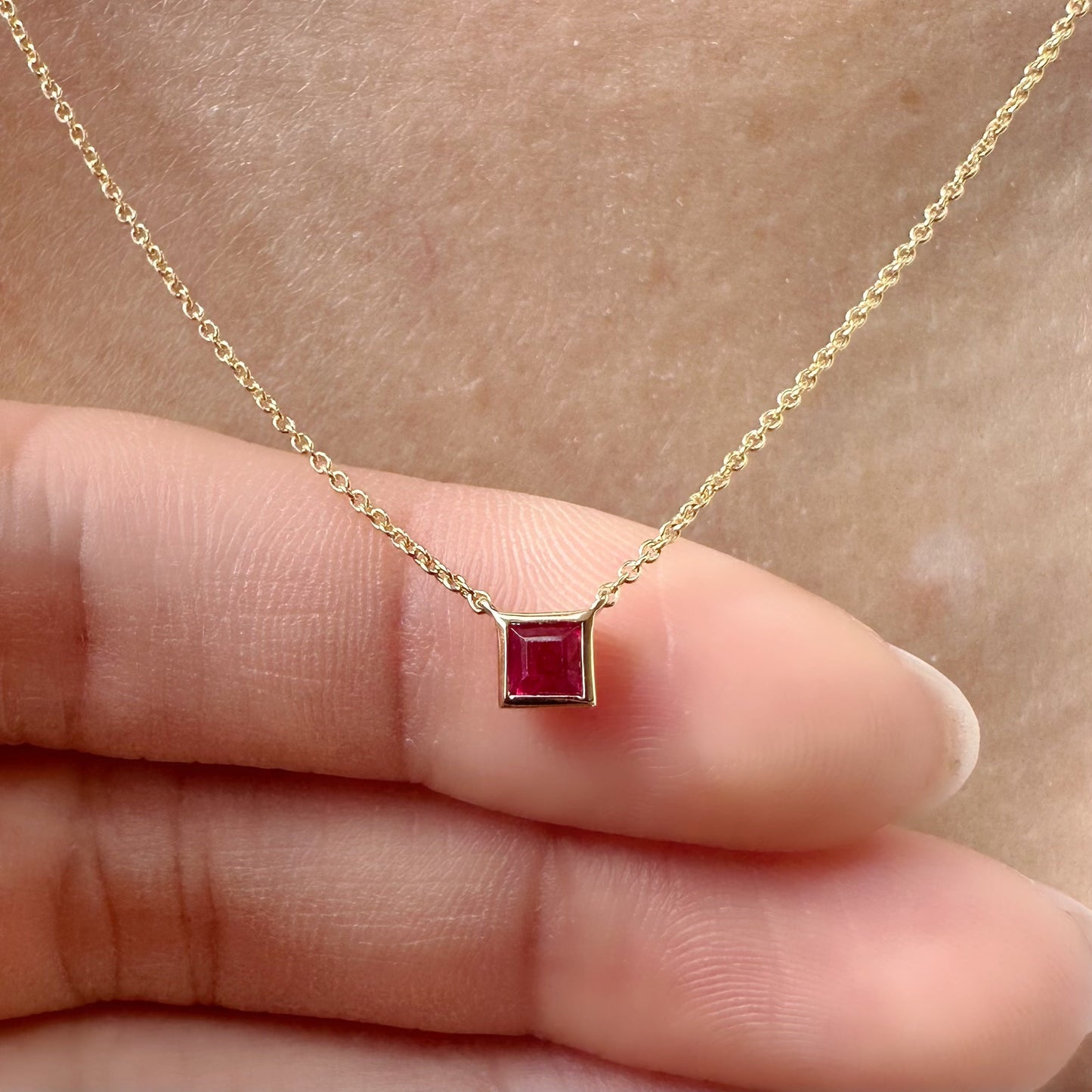14K Solid Gold Genuine Bezel Ruby Square Necklace