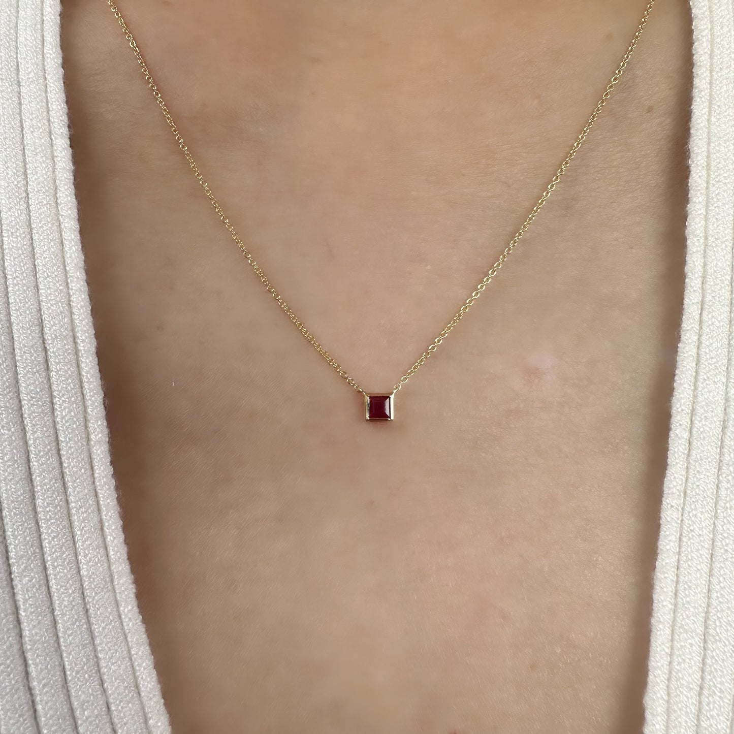 14K Solid Gold Genuine Bezel Ruby Square Necklace