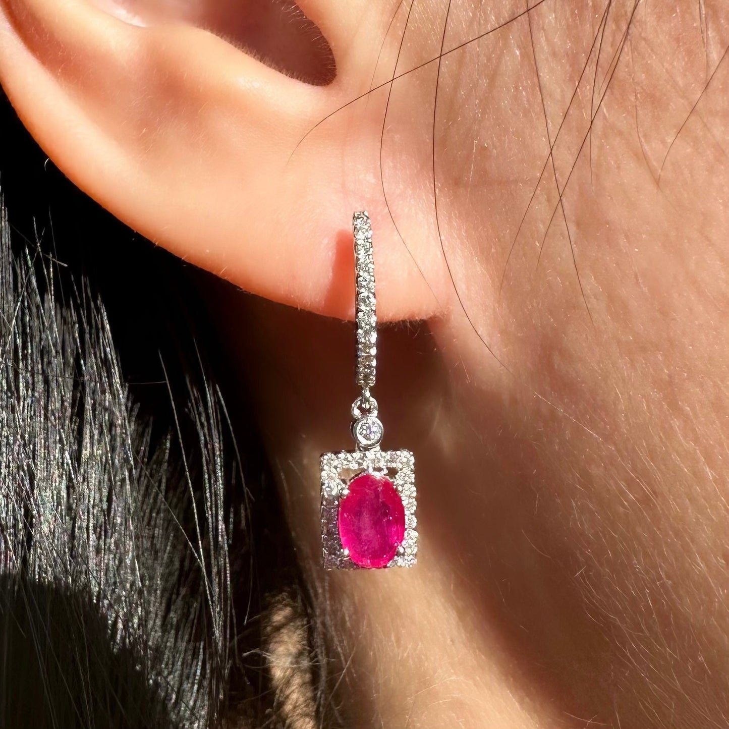 14K Solid White Gold Genuine Diamond and Ruby Square Dangle Earrings/Pair