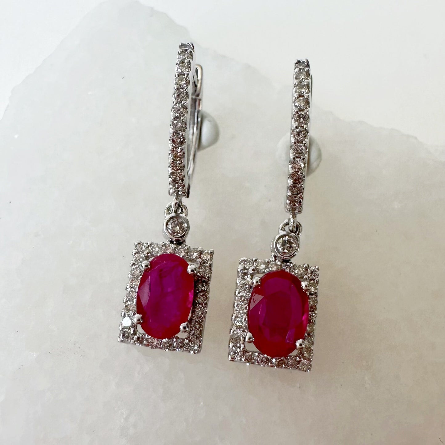 14K Solid White Gold Genuine Diamond and Ruby Square Dangle Earrings/Pair