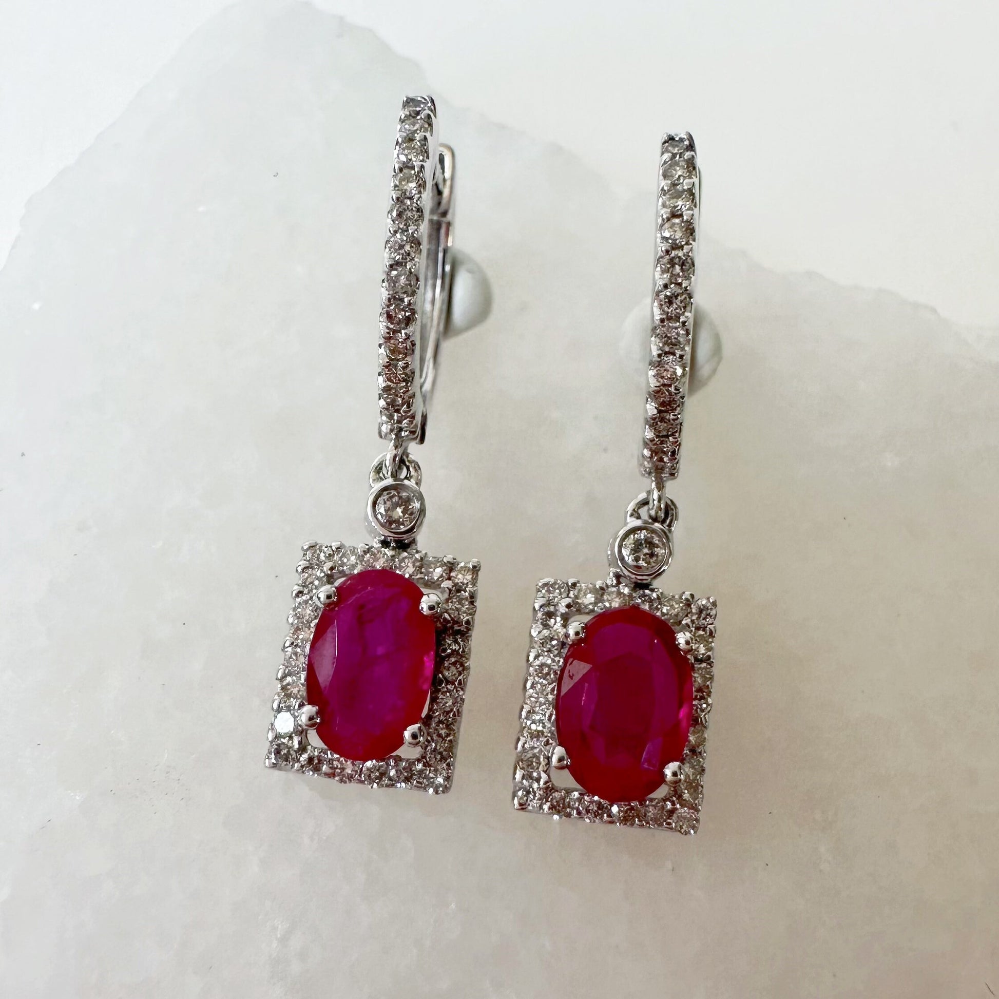 14K Solid White Gold Genuine Diamond and Ruby Square Dangle Earrings/Pair