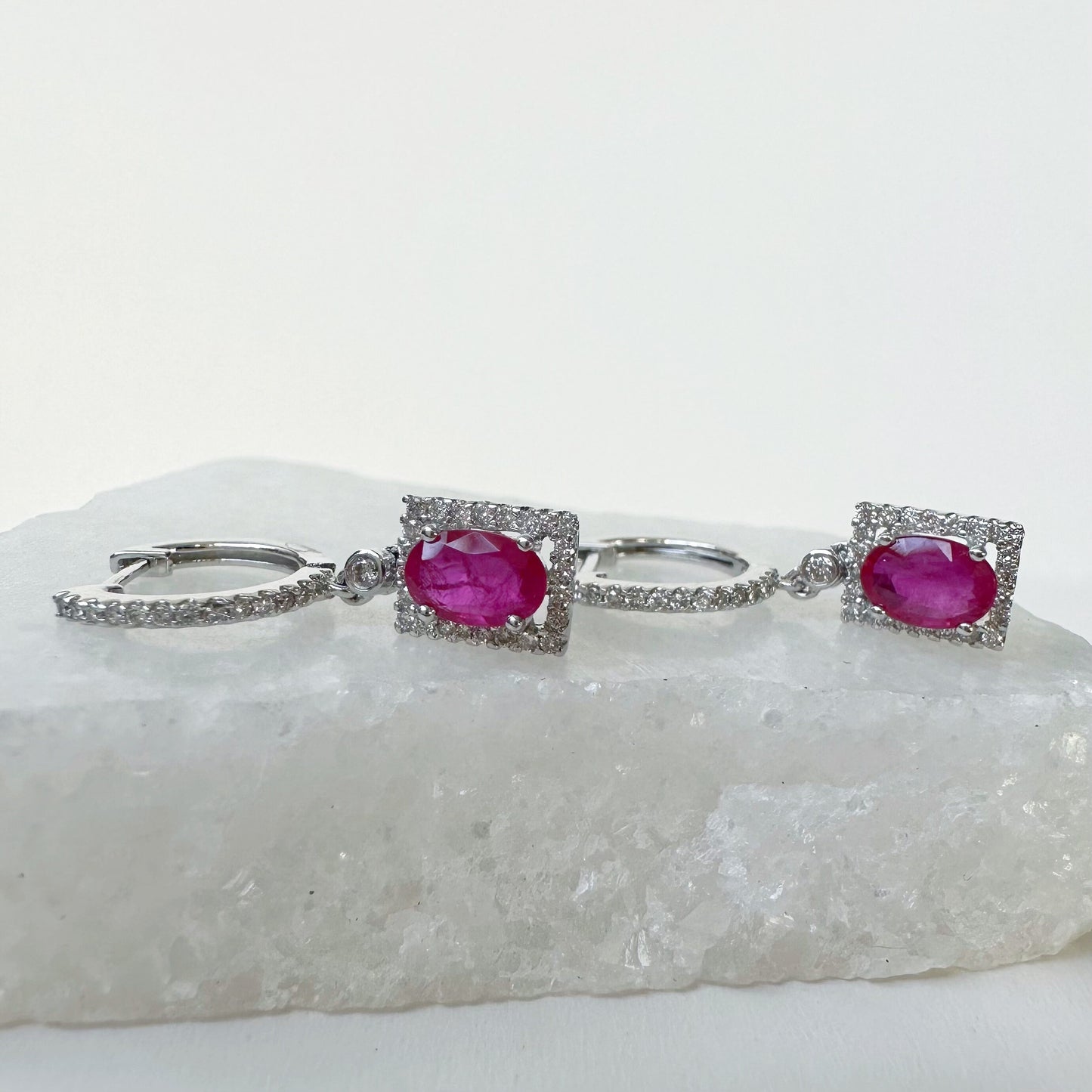 14K Solid White Gold Genuine Diamond and Ruby Square Dangle Earrings/Pair