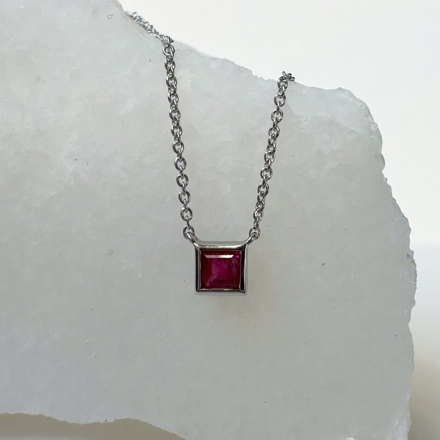 14K Solid Gold Genuine Bezel Ruby Square Necklace