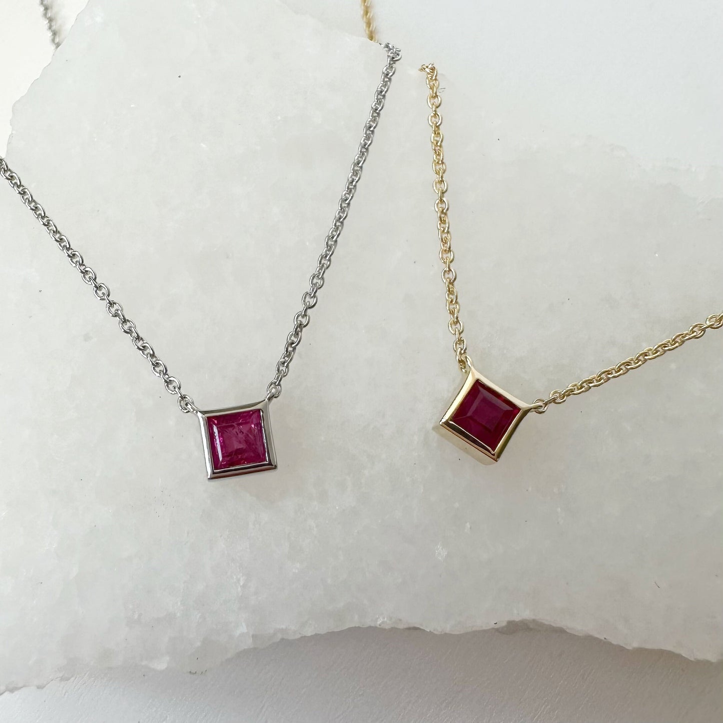 14K Solid Gold Genuine Bezel Ruby Square Necklace