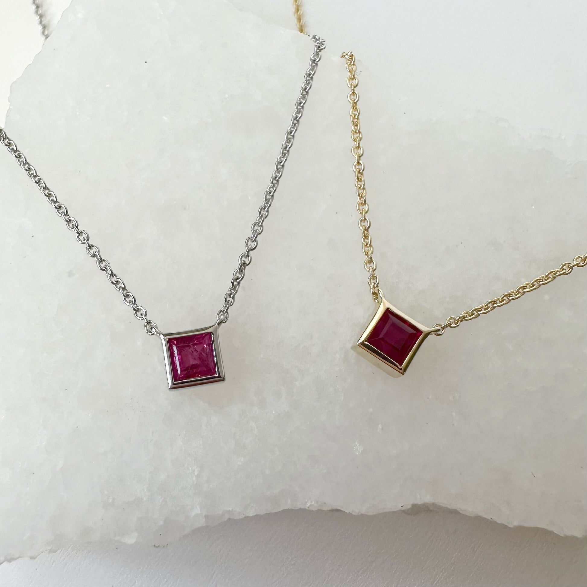 14K Solid Gold Genuine Bezel Ruby Square Necklace