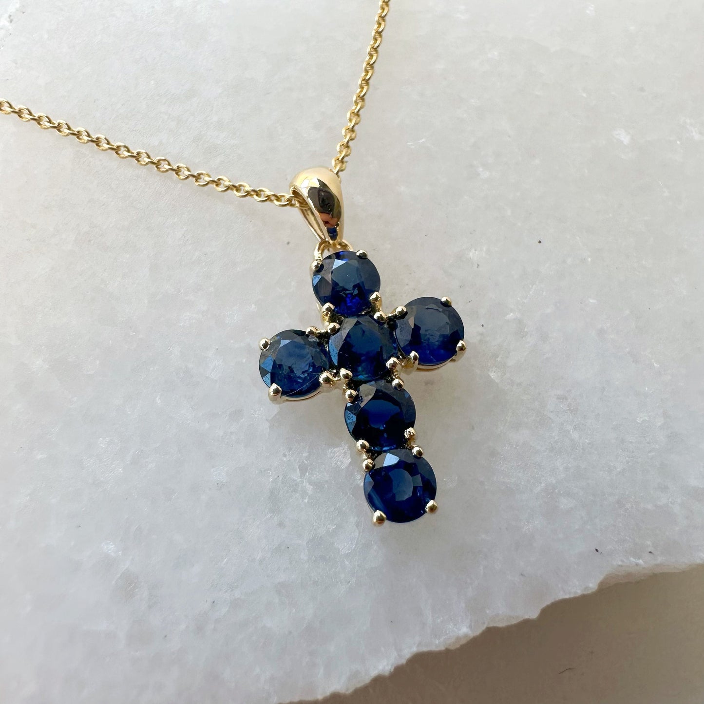 14K Solid Gold Genuine Round Sapphire Cross Pendant